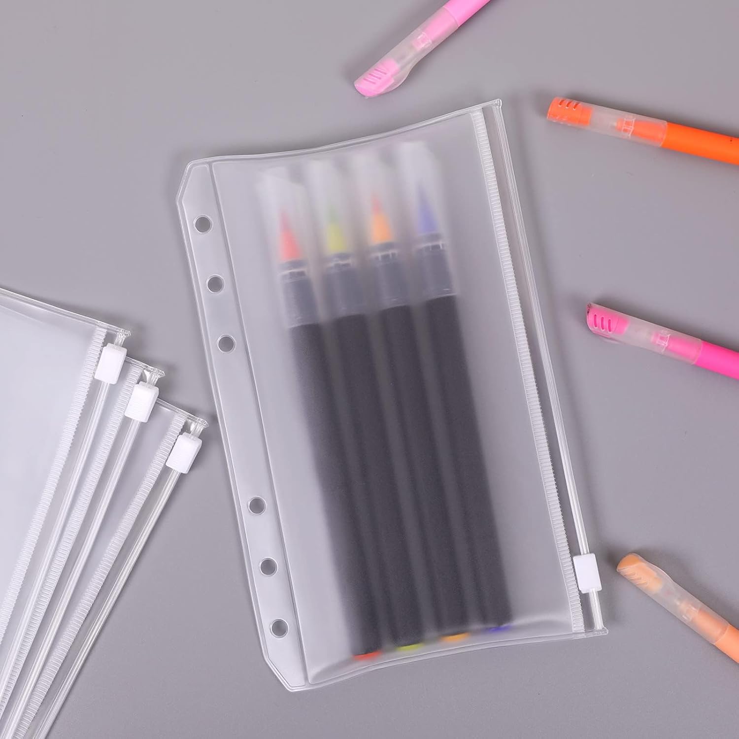 SKYDUE 12PCS Binder Pockets，A6 Size 6 Holes Zipper Cash Envelopes for A6 6-Ring Notebook Binder for School Home Office