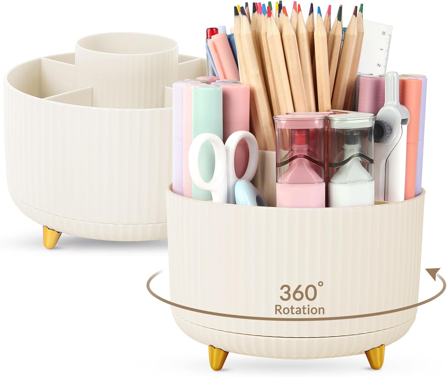 SKYDUE 360 Rotating Plastic Desk Pen Organizer with 5 Slots, Dual-Purpose Art Supply Pencil Cup for Office, School, Home