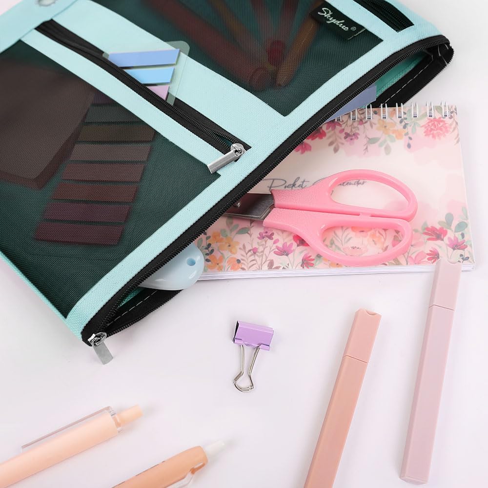 SKYDUE Pencil Pouch for Binder, Pencil Case, 3 Ring Binder Pencil Pouch with 3 Pockets and Mesh Window, Zipper Pencil Pouch, Durable Organizer for School Supplies, Cables, Earbuds, Makeup