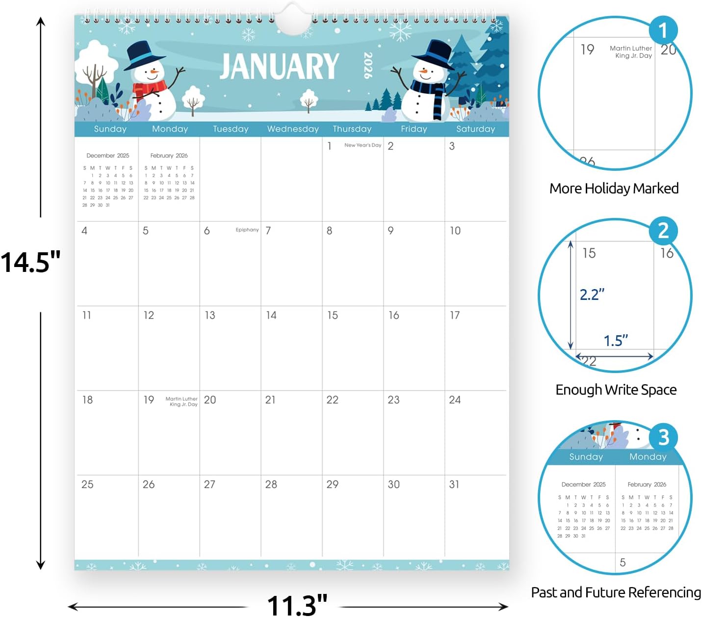 SKYDUE Wall Calendar 2026-2027, Jan 2026 to Jun 2027 18 Months 2026 Wall Calendar with Planner Stickers, 14.5" x 11.5", Black