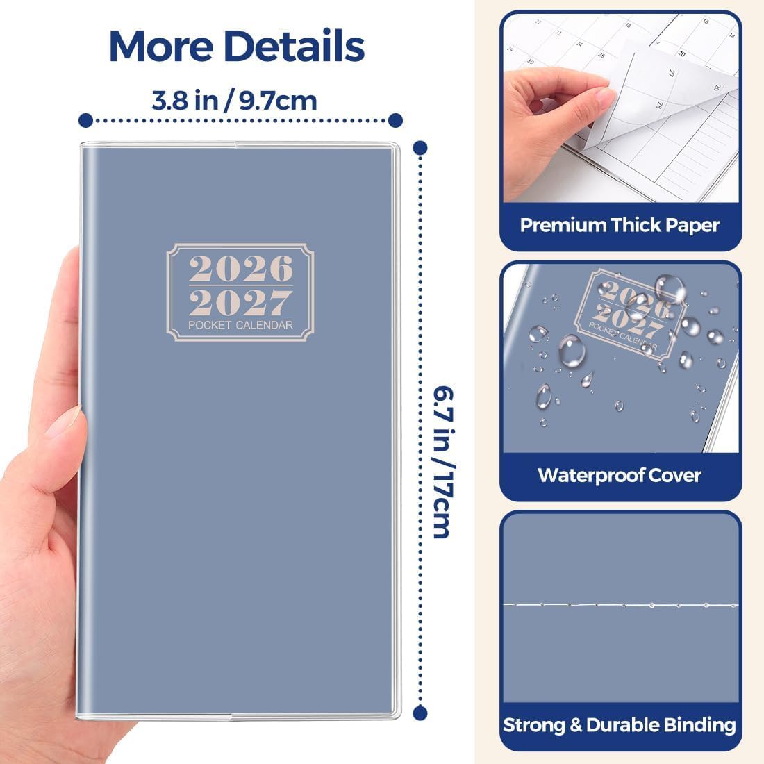 SKYDUE Pocket Calendar 2026-2027, Monthly Planner Jan 2026- Dec 2027 for Purse, 6.7" x 3.7" 2 Year Small Pocket Planner, Compact Design with Plastic Sleeve Blue