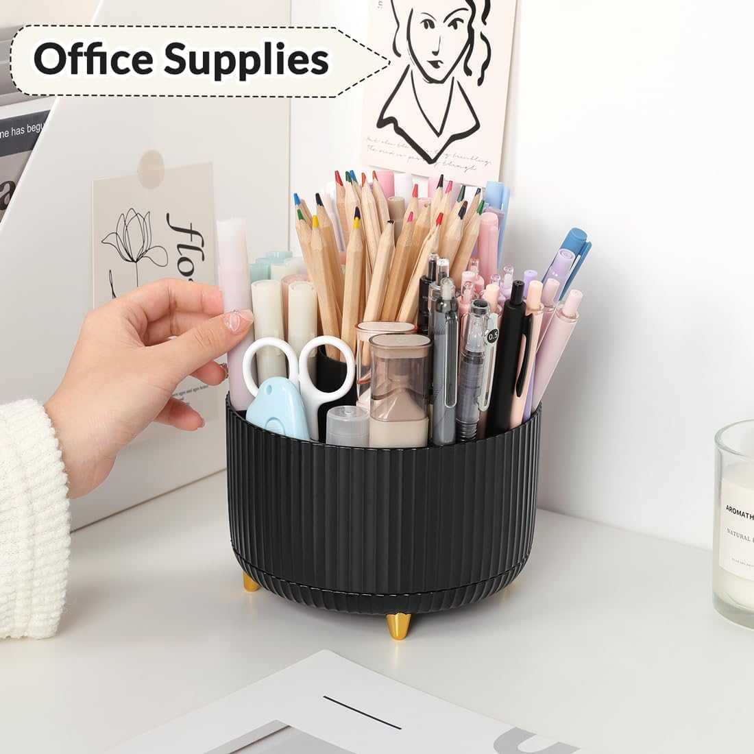 SKYDUE 360 Drgree Roating Desk Organizer, Rotating Pen Holder with Large Capacity Pencil Case, Suit for Office, School, Home, Black