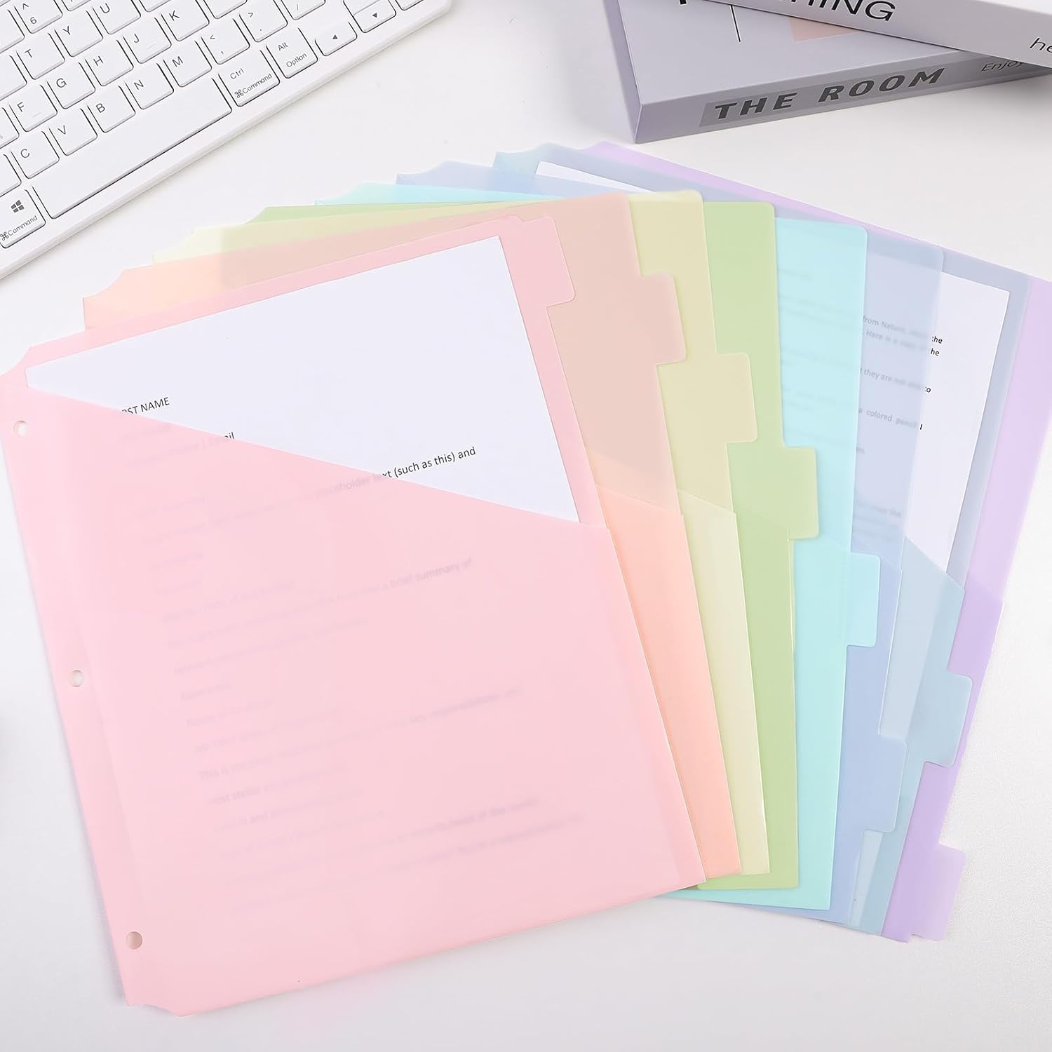 SKYDUE Binder Dividers with Tab, Pastel Dividers for 3 Ring Binder with Pockets – 8-Tab Durable Plastic Binder Dividers, Single Pocket File Organizers with Matching Label Stickers