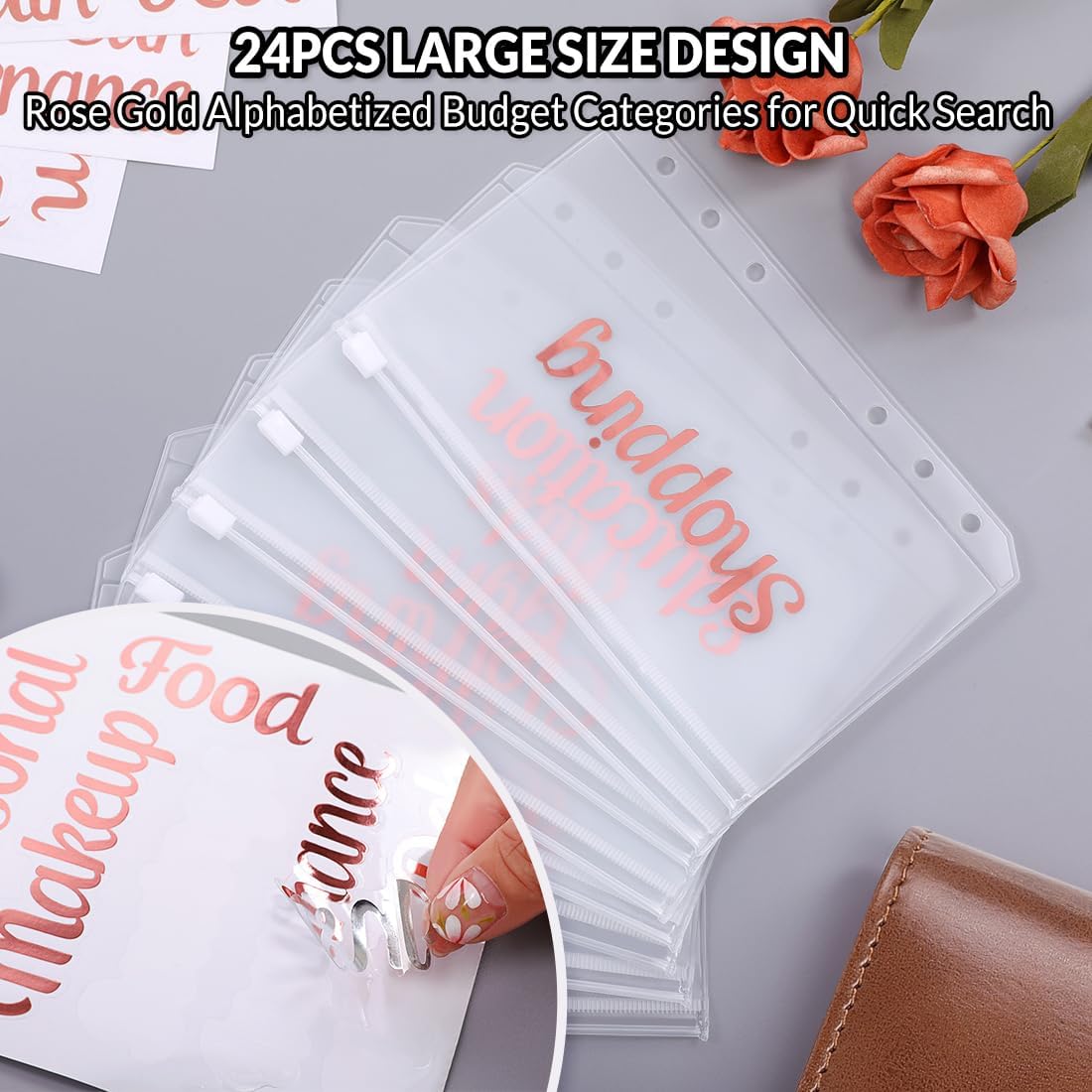 SKYDUE Budget Binder with 8pcs Zipper Envelopes,Money Organizer for Cash with 12pcs Expense Sheets & 24 Rose Gold Sticky Labels