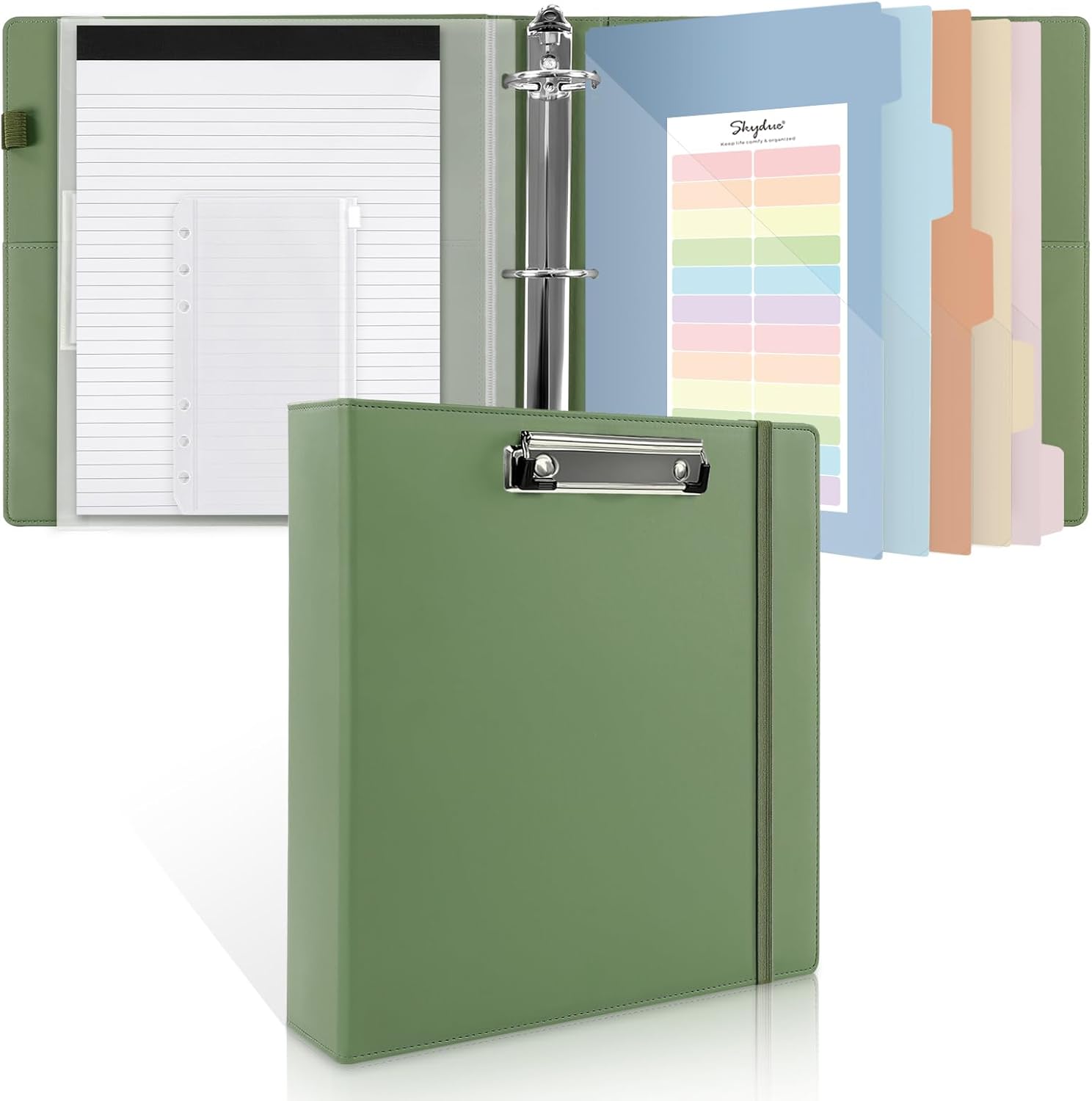 SKYDUE Clipboard Binder with Refillable Notepad, PU Clipboard Folder Includes 5 Dividers with 10 Pockets, Labels, 3 Ring Binder 1 Inch for School Office (Fit Letter Sized Paper),Olivegreen