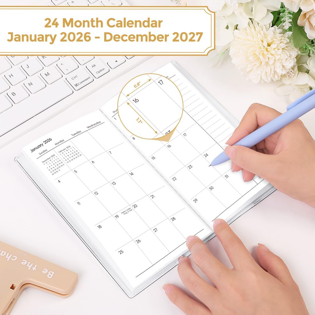 SKYDUE Pocket Calendar 2026-2027, Monthly Planner Jan 2026- Dec 2027 for Purse, 6.7" x 3.7" 2 Year Small Pocket Planner, Compact Design with Plastic Sleeve Blue