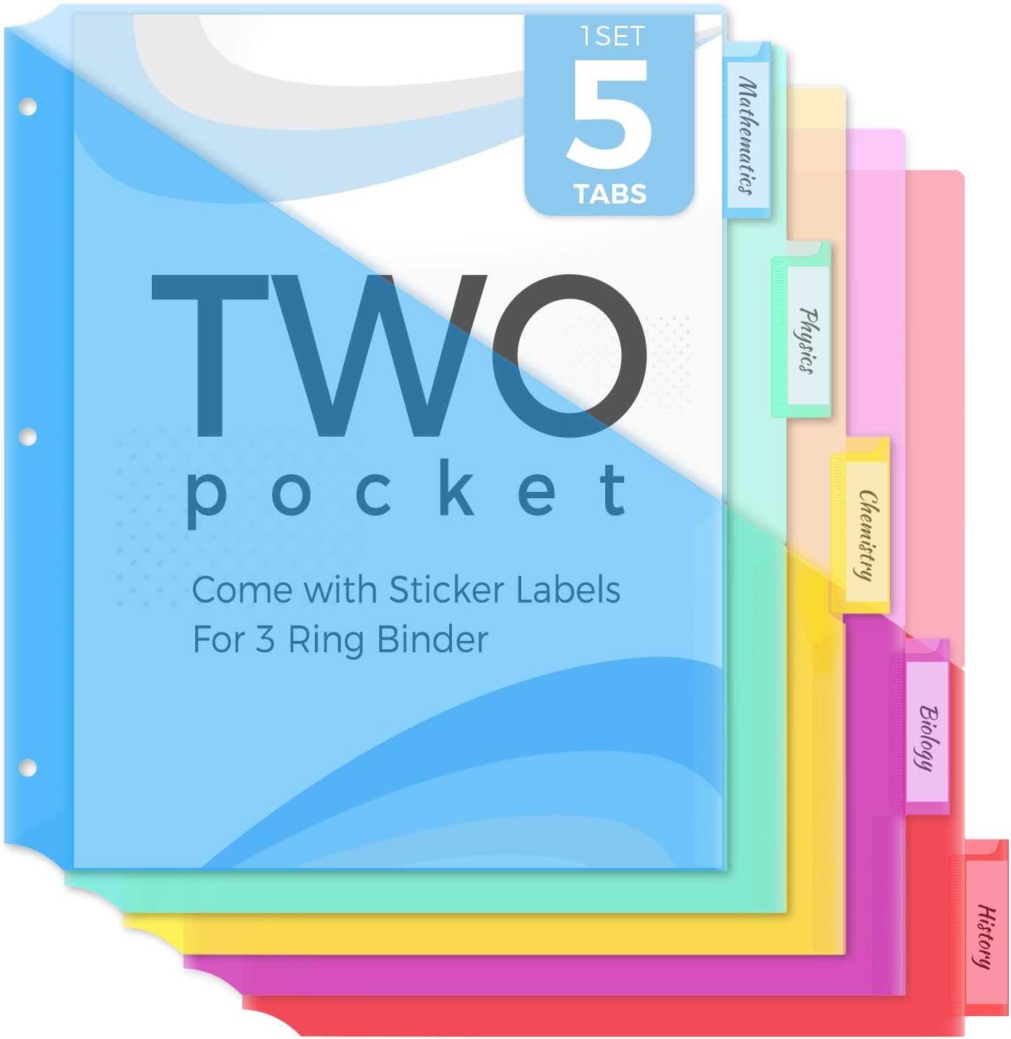 SKYDUE Binder Dividers with Two Pockets, 1Set, 5 Tabs Dividers for 3 Ring Binder, Plastic Binder Dividers with Tabs for School, Office, and Home Organization,Blue