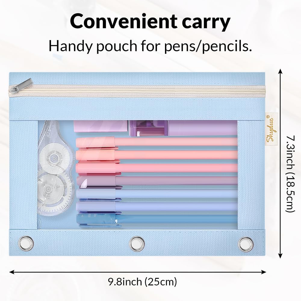 SKYDUE 3 Ring Pencil Pouch for Binder, Zipper Binder Pencil Pouch with 3 Pockets and Mesh Window, Durable Organizer for School Supplies, Cables, Earbuds, Makeup