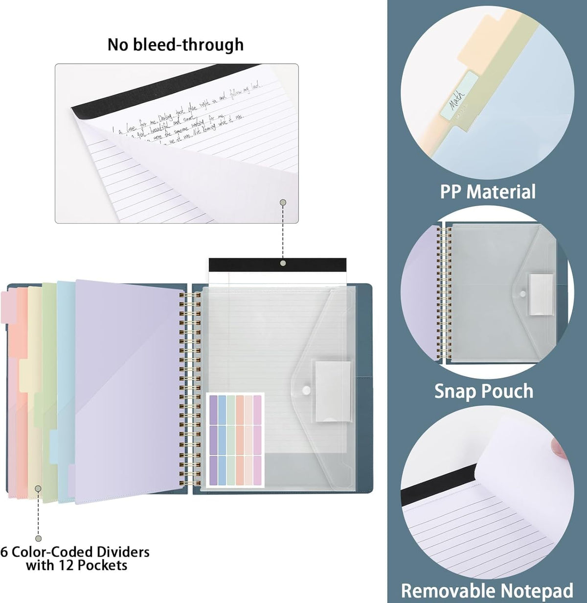 SKYDUE Clipboard Folder with Storage, 6 Dividers with 12 Pockets for Letter Size, Storage Clipboard Folio with Refillable Notepad, Spiral Clipboards Padfolio for Teacher Worker Supplies