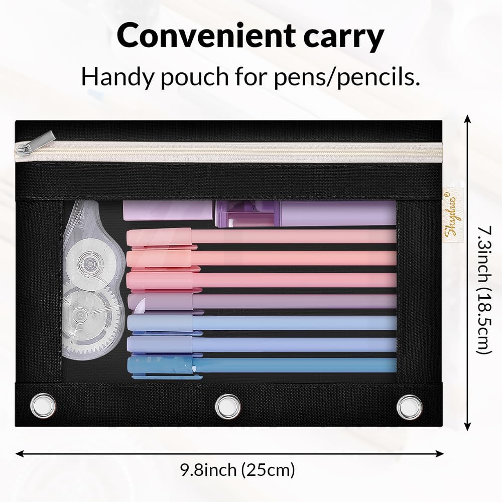 SKYDUE 3 Ring Pencil Pouch for Binder, Zipper Binder Pencil Pouch with 3 Pockets and Mesh Window, Durable Organizer for School Supplies, Cables, Earbuds, Makeup