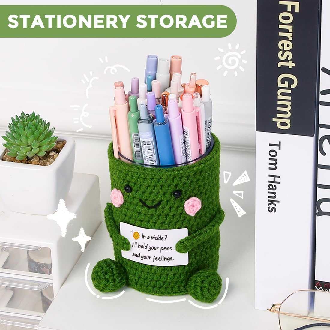 SKYDUE Crocheted Pen & Pencil Holder with Inspirational Card - Handmade Desk Organizer for Office, School, Home - Functional Desk Decor Pen Cup