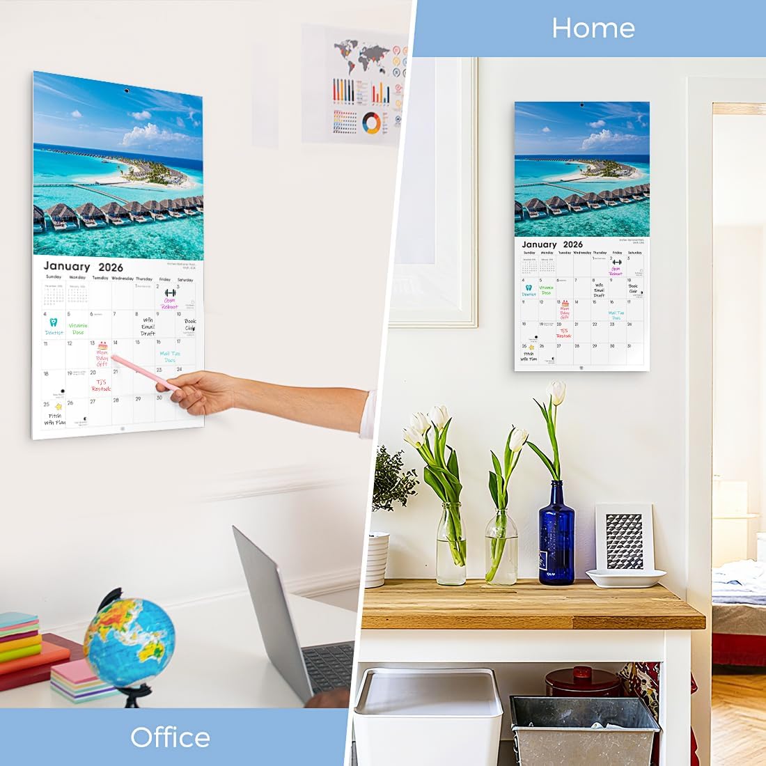 SKYDUE 2026 Wall Calendar 12"x24" Opened, 18-Month Puppy Dog Calendar from January 2026 to June 2027 with Stickers, Thick Paper Monthly Calendar for Home Office Organizing & Planning