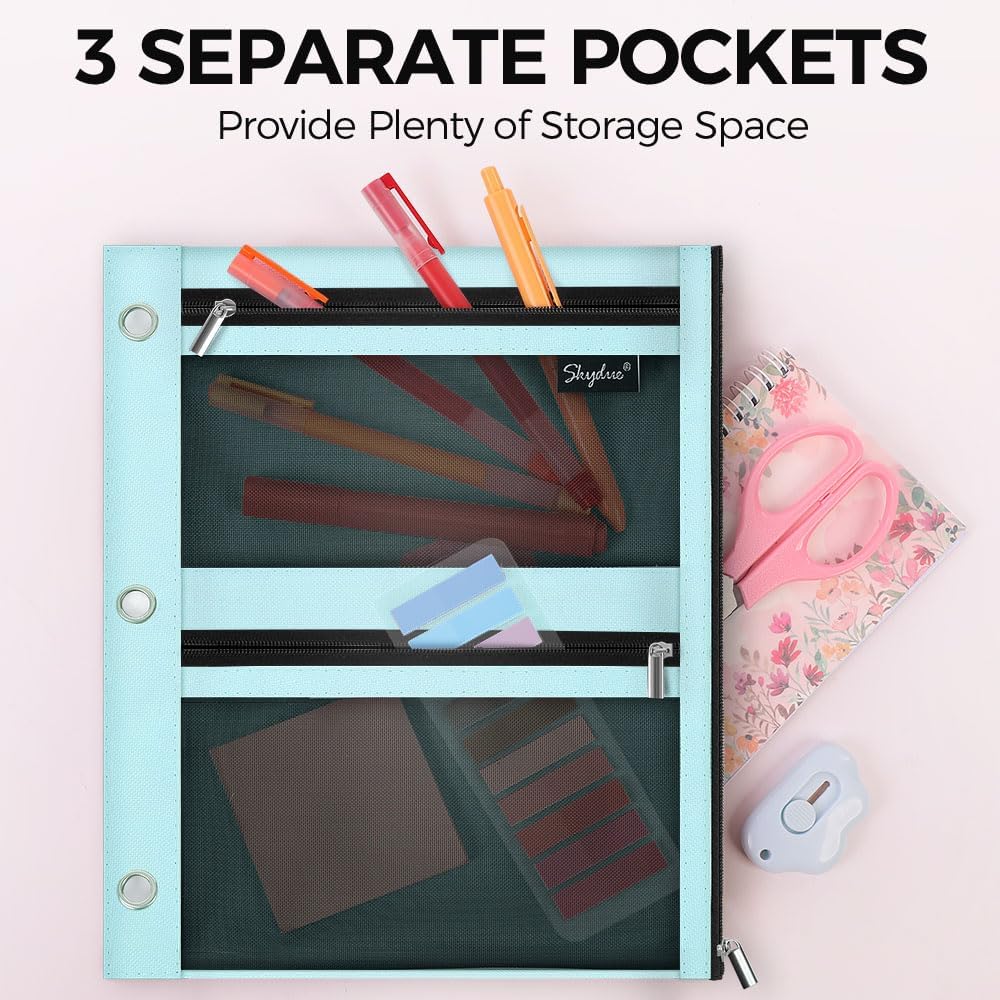SKYDUE Pencil Pouch for Binder, Pencil Case, 3 Ring Binder Pencil Pouch with 3 Pockets and Mesh Window, Zipper Pencil Pouch, Durable Organizer for School Supplies, Cables, Earbuds, Makeup
