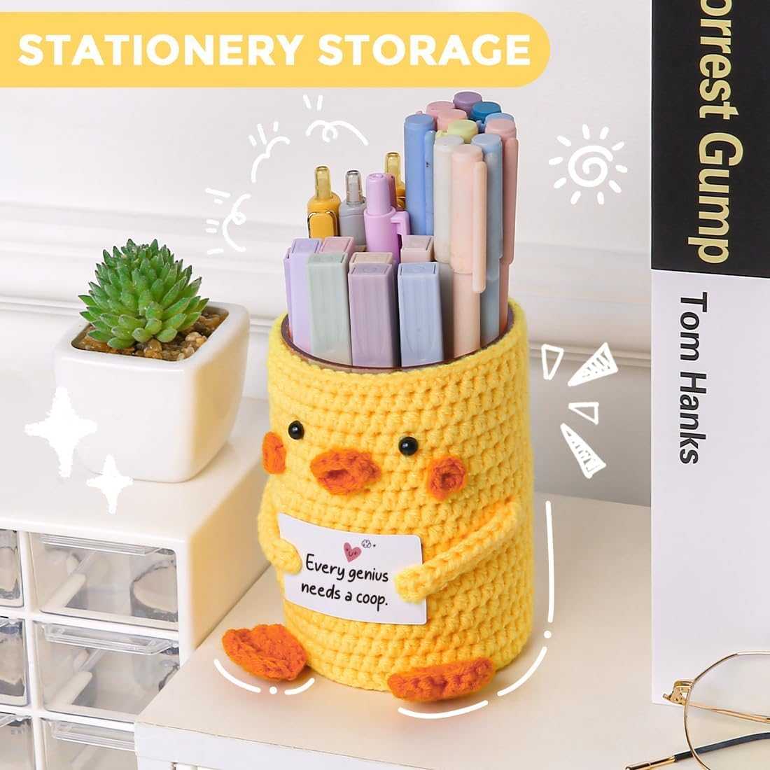 SKYDUE Crocheted Pen & Pencil Holder with Inspirational Card - Handmade Desk Organizer for Office, School, Home - Functional Desk Decor Pen Cup