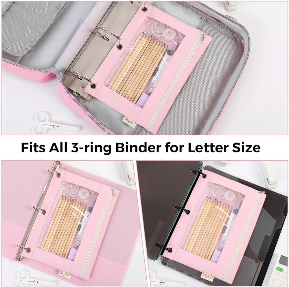 SKYDUE 3 Ring Pencil Pouch for Binder, Zipper Binder Pencil Pouch with 3 Pockets and Mesh Window, Durable Organizer for School Supplies, Cables, Earbuds, Makeup
