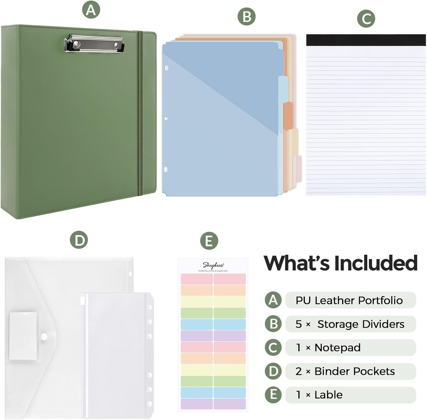 SKYDUE Clipboard Binder with Refillable Notepad, PU Clipboard Folder Includes 5 Dividers with 10 Pockets, Labels, 3 Ring Binder 1 Inch for School Office (Fit Letter Sized Paper),Olivegreen