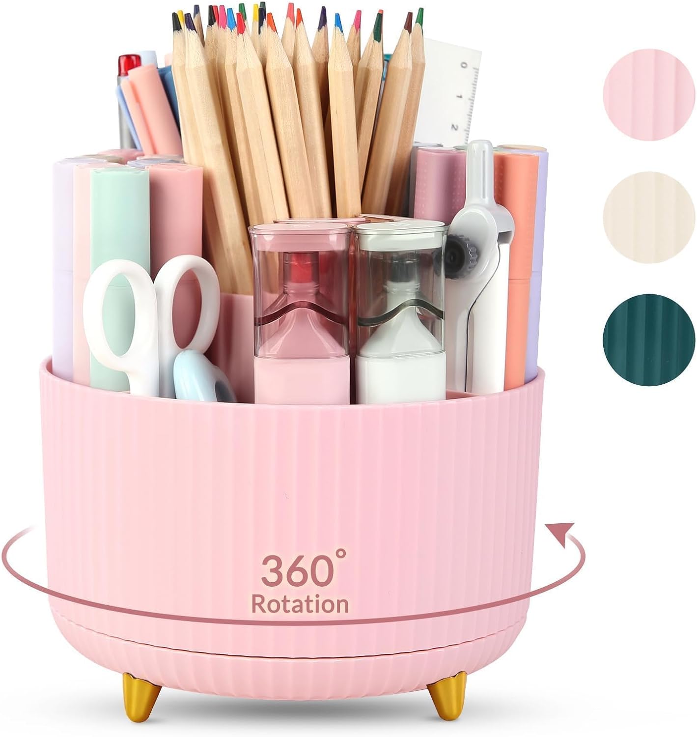 SKYDUE 360 Rotating Plastic Desk Pen Organizer with 5 Slots, Dual-Purpose Art Supply Pencil Cup for Office, School, Home