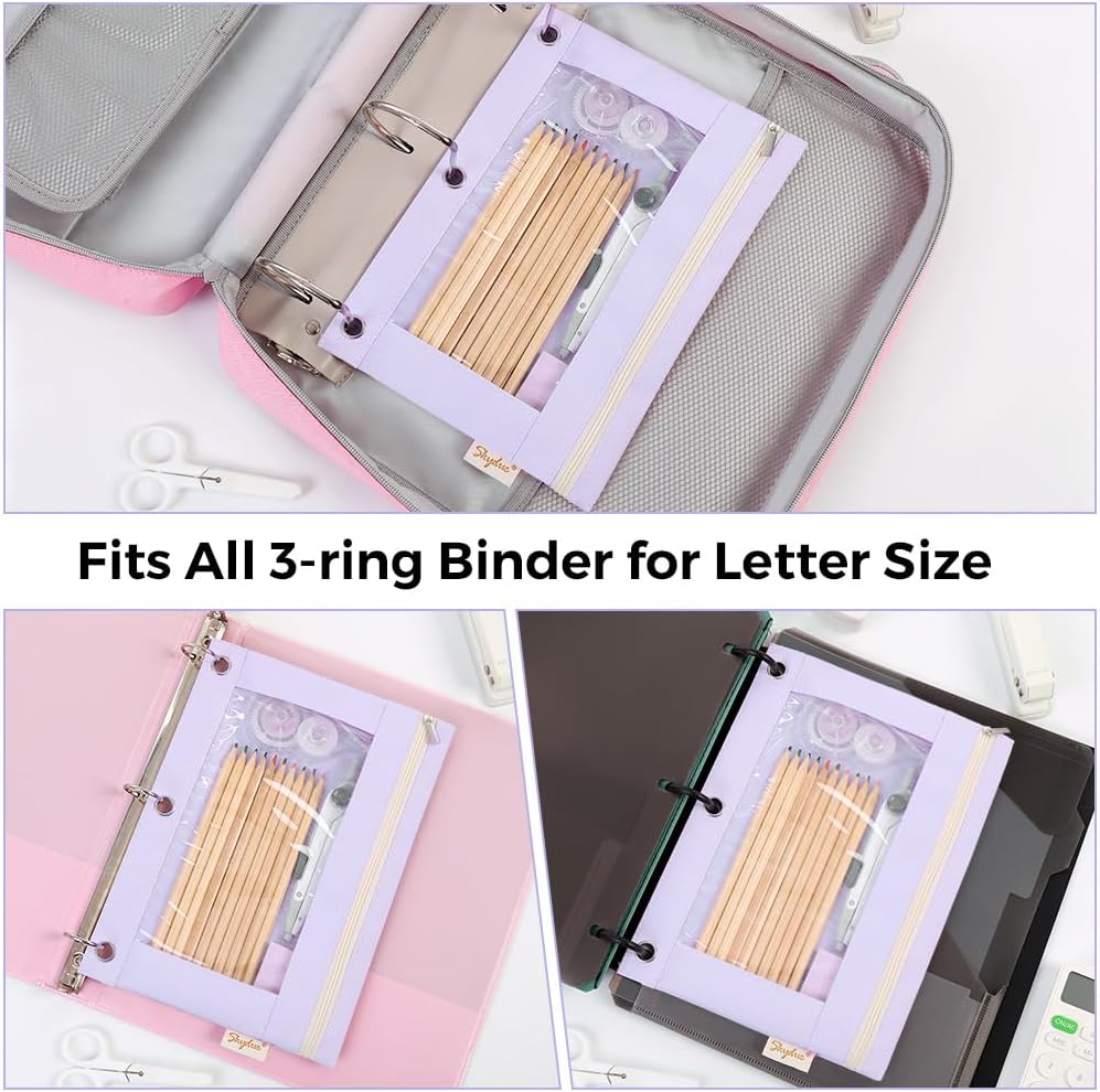 SKYDUE 3 Ring Pencil Pouch for Binder, Zipper Binder Pencil Pouch with 3 Pockets and Mesh Window, Durable Organizer for School Supplies, Cables, Earbuds, Makeup