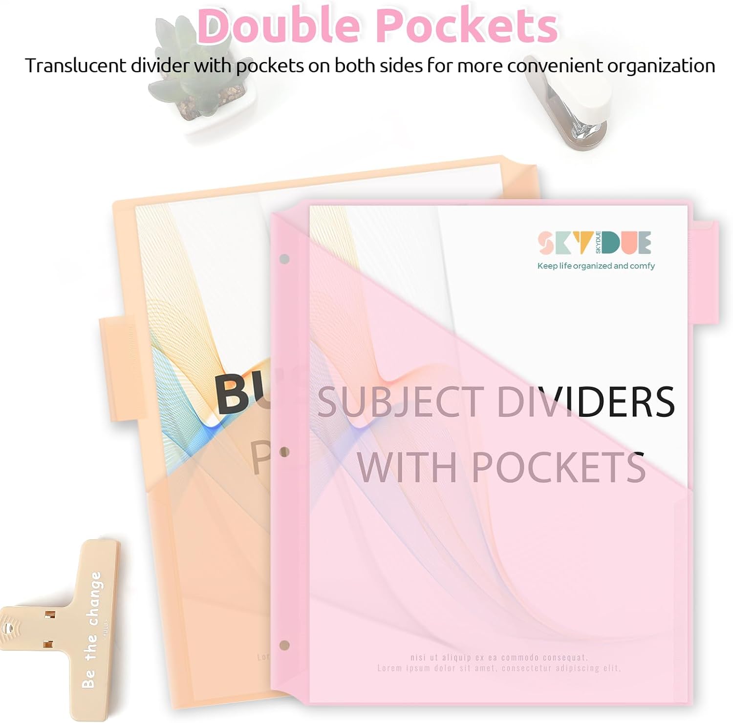 SKYDUE Binder Dividers with Two Pockets, 1Set, 5 Tabs Dividers for 3 Ring Binder, Plastic Binder Dividers with Tabs for School, Office, and Home Organization,Pink