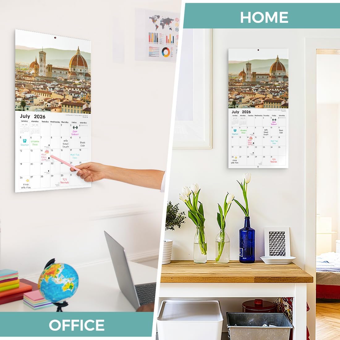 SKYDUE 2026 Wall Calendar 12"x24" Opened, 18-Month Puppy Dog Calendar from January 2026 to June 2027 with Stickers, Thick Paper Monthly Calendar for Home Office Organizing & Planning