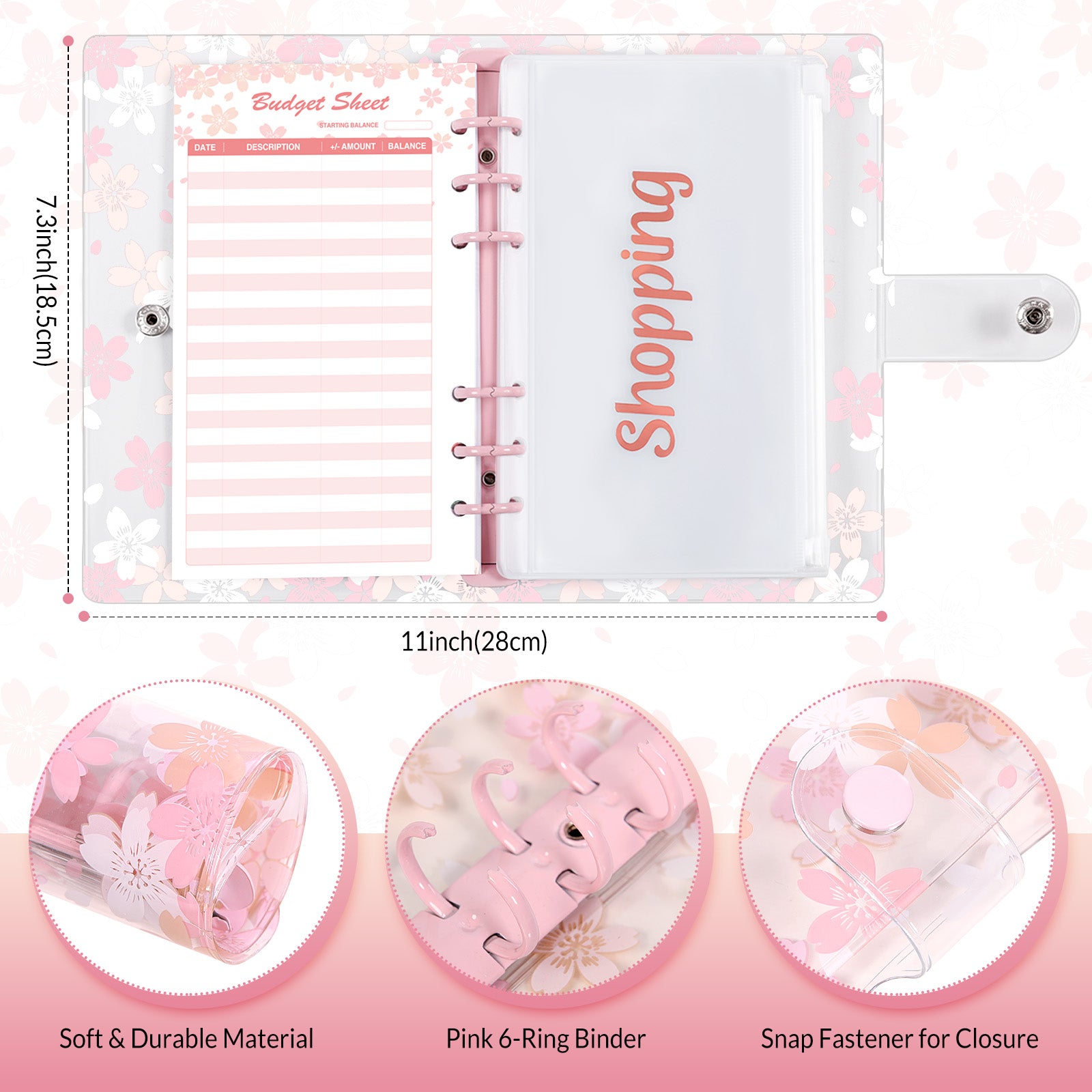 SKYDUE A6 Budget Binder with Zipper Envelopes, Cute Money Saving Binder, Budget Book with 8Pcs Cash Envelopes, 12pcs Expense Budget Planner Sheets & 24 Sticky Labels