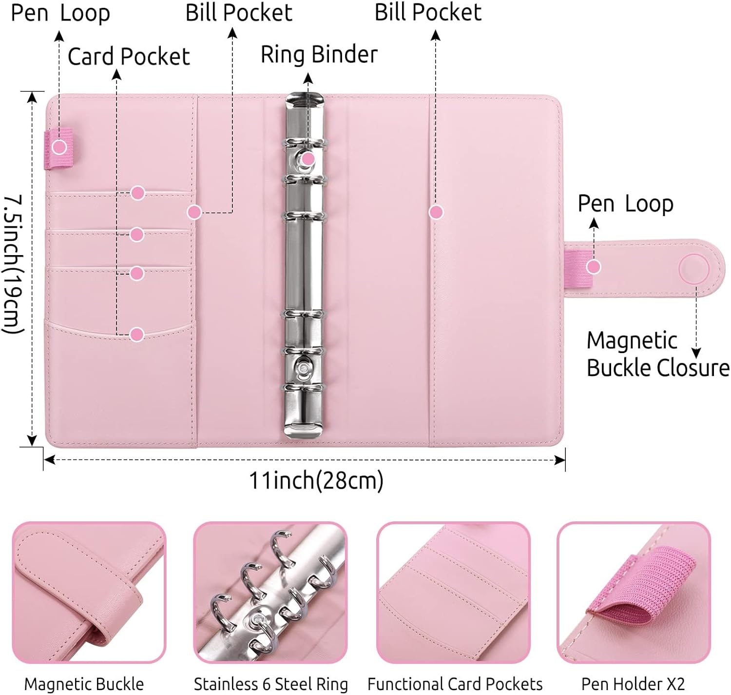 SKYDUE Budget Binder with 8pcs Zipper Envelopes,Money Organizer for Cash with 12pcs Expense Sheets & 24 Rose Gold Sticky Labels