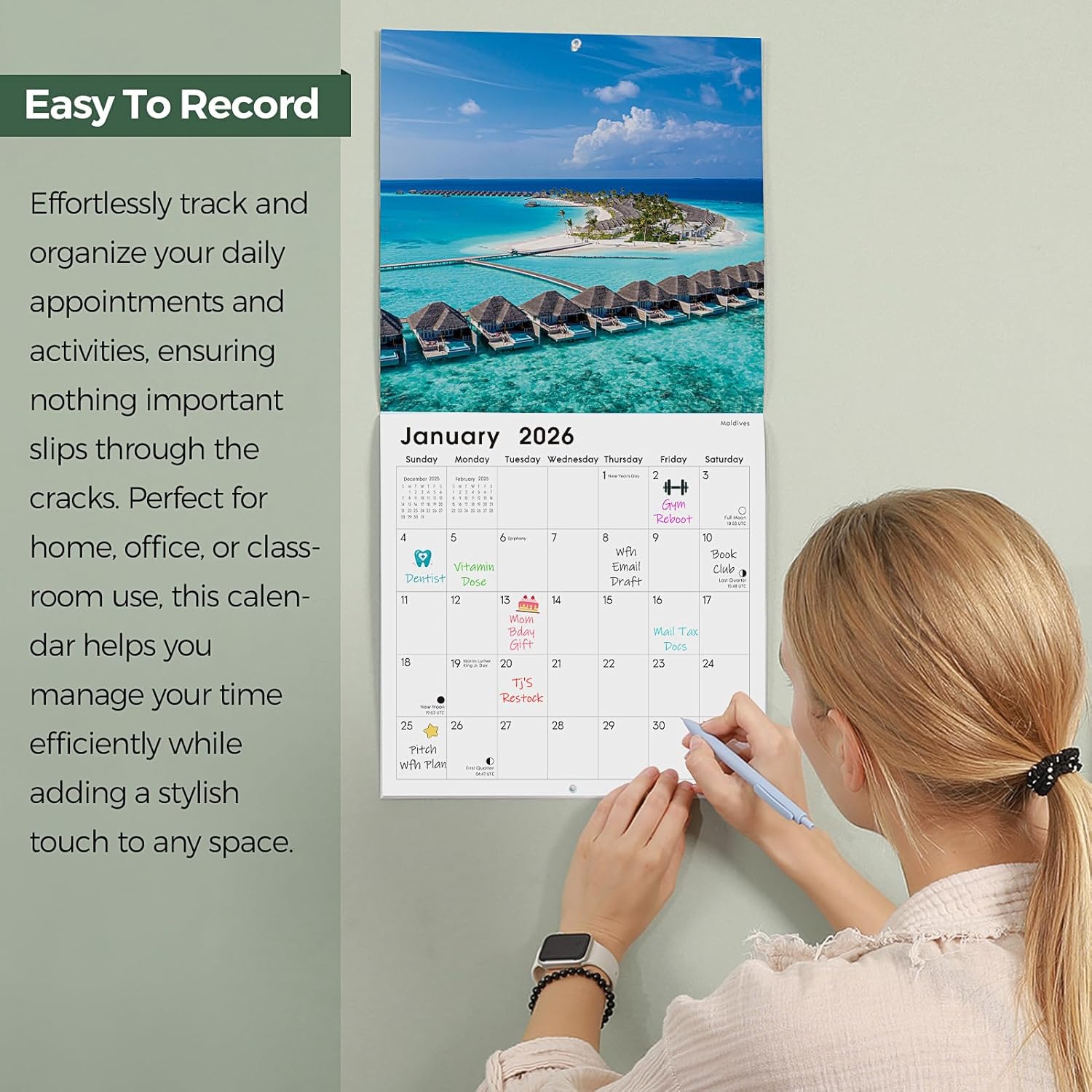 SKYDUE 2026 Wall Calendar 12"x24" Opened, 18-Month Puppy Dog Calendar from January 2026 to June 2027 with Stickers, Thick Paper Monthly Calendar for Home Office Organizing & Planning