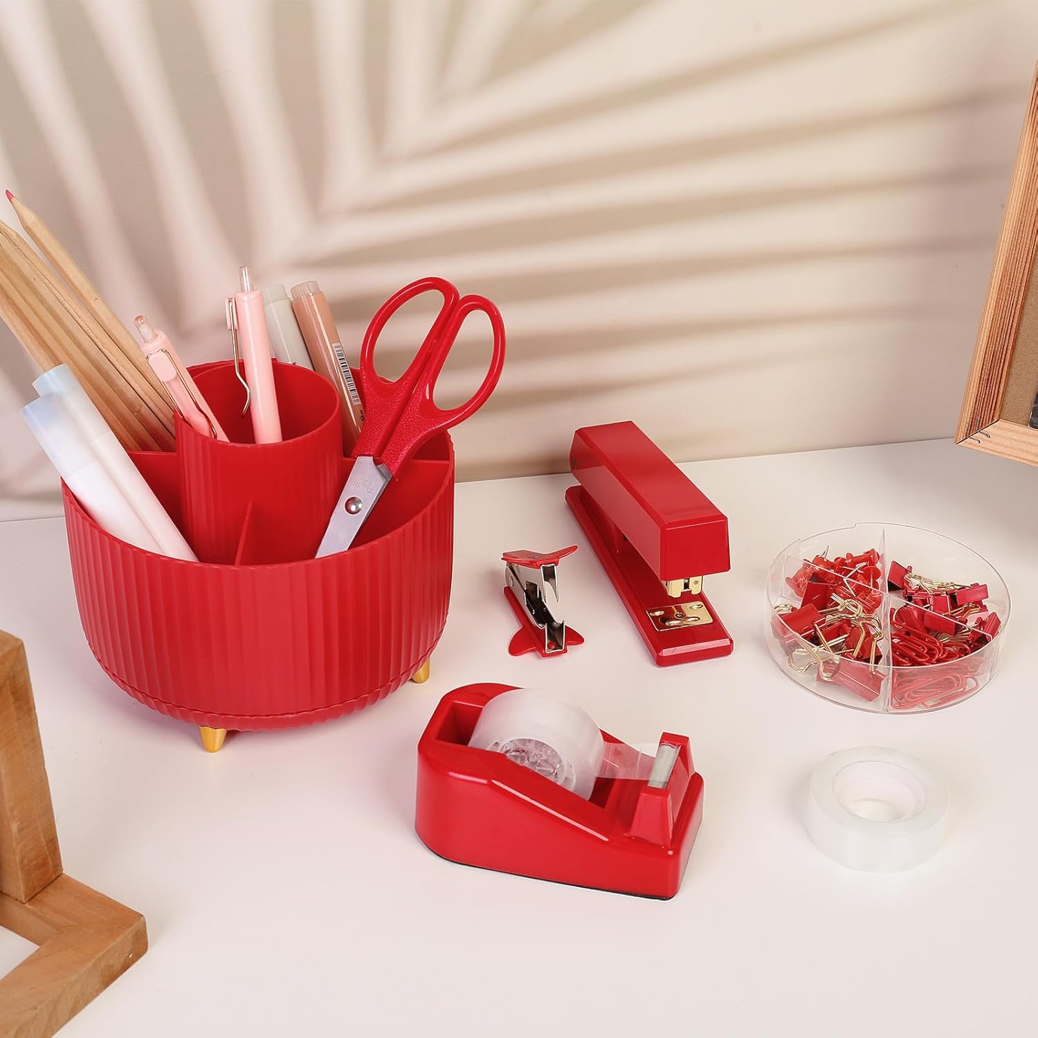 SKYDUE Pink Office Desk Accessories, Pink Office Supplies, Stapler, Tape Dispenser, Scissors, Clips and 1000pcs Staples,Office Supplies for Desk for Women