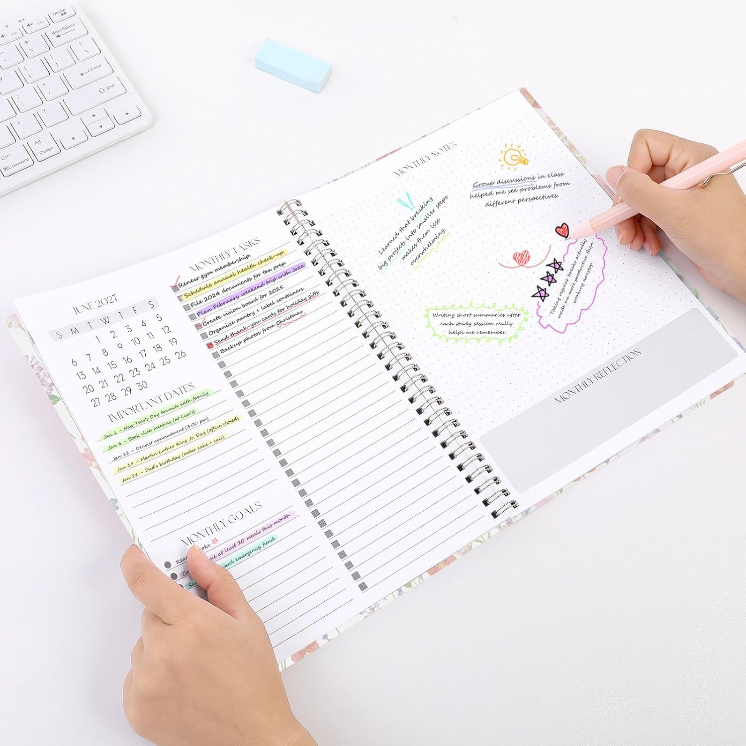 SKYDUE Monthly Planner 2026-2027, 24 Months Calendar Planner 2026-2027, 7.5" x 10" B5 Planner, Twin-wire Spiral Bound, Durable Waterproof Cover, Thick No-Bleed Paper, Floral