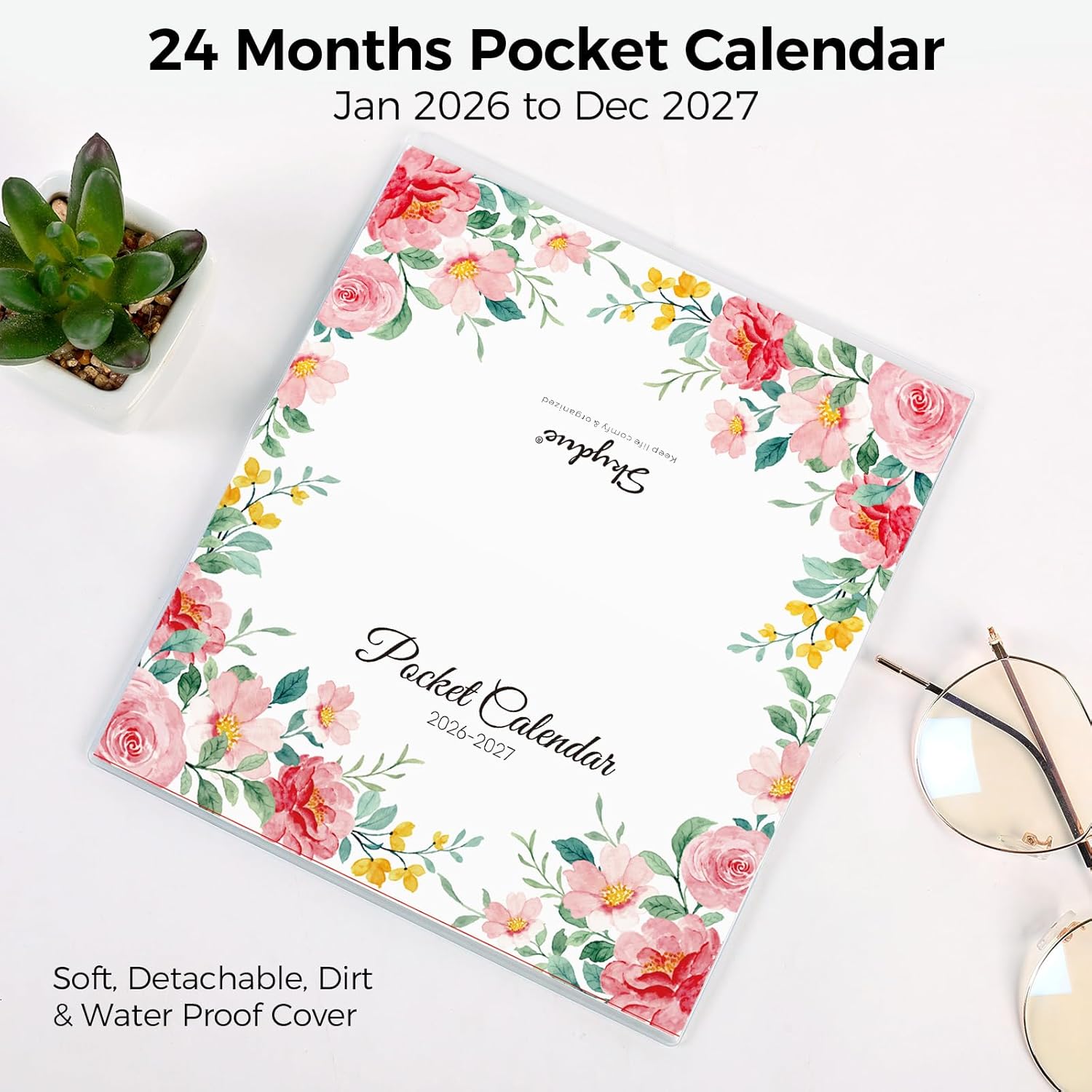 Pocket Calendar 2026-2027 for Purse, 2026-2027 Pocket Planner 24 Months with Soft Waterproof Cover and Premium Paper, 6.5" x 3.5", Floral