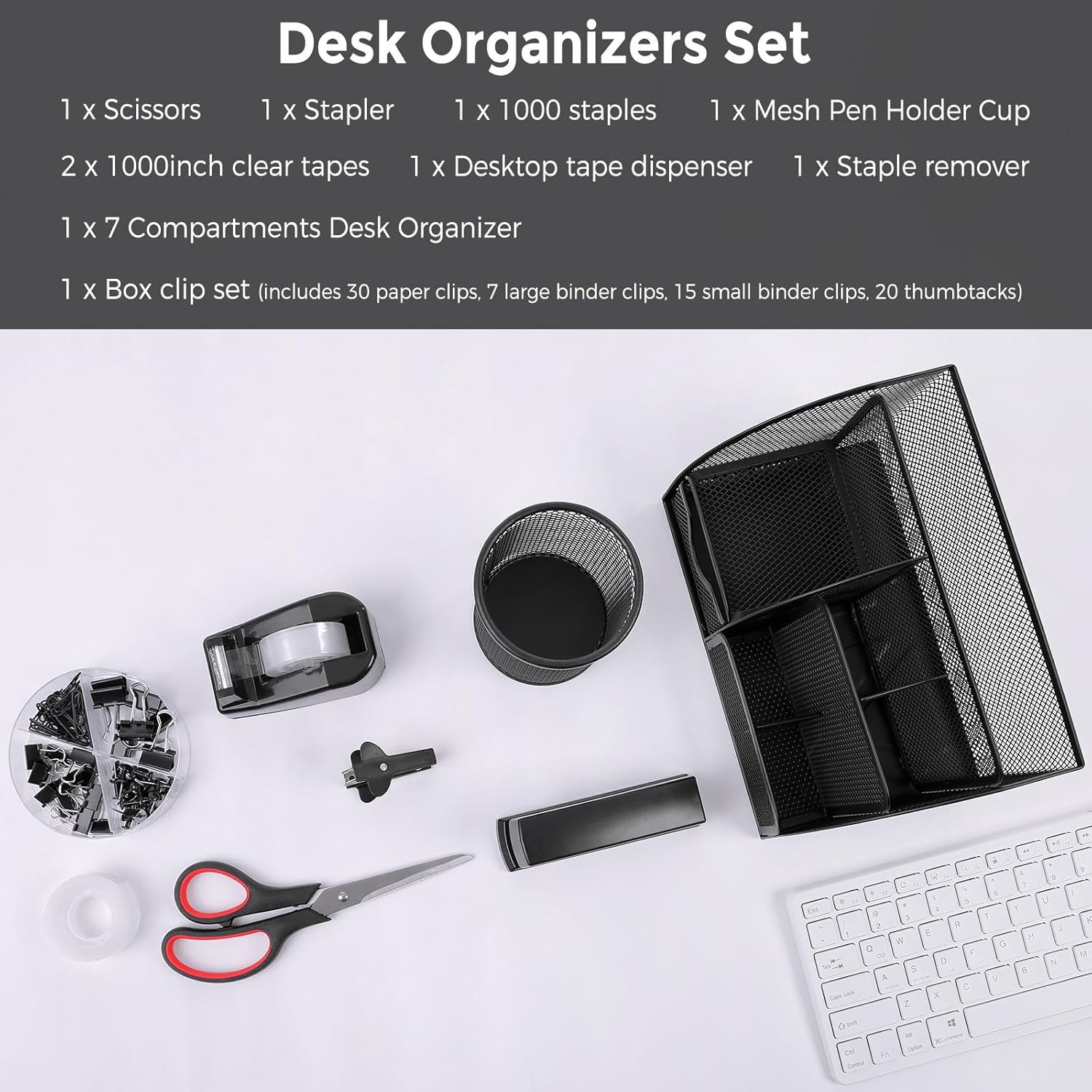 SKYDUE Pink Desk Accessories, Pink Office Supplies Set, Mesh Desk Organizer, Stapler, Tape Dispenser, Scissors, Binder/Paper Clips and 1000pcs Staples,Desk Organizer for Women