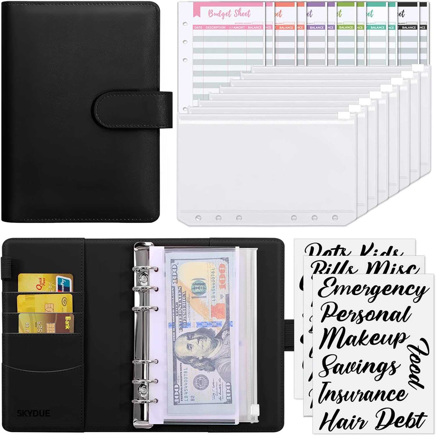 SKYDUE Buckle Budget Binder with Zipper Envelopes and 12 Pcs Budget Stickers Set