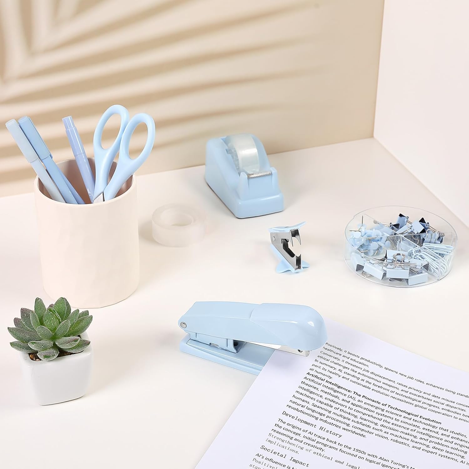 SKYDUE Pink Office Desk Accessories, Pink Office Supplies, Stapler, Tape Dispenser, Scissors, Clips and 1000pcs Staples,Office Supplies for Desk for Women