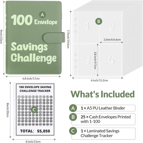 SKYDUE 100 Envelopes Money Savin Challenge Binder, A5 Money Saving Budget Binder with Cash Envelopes - Savings Challenges Book to Save $5,050