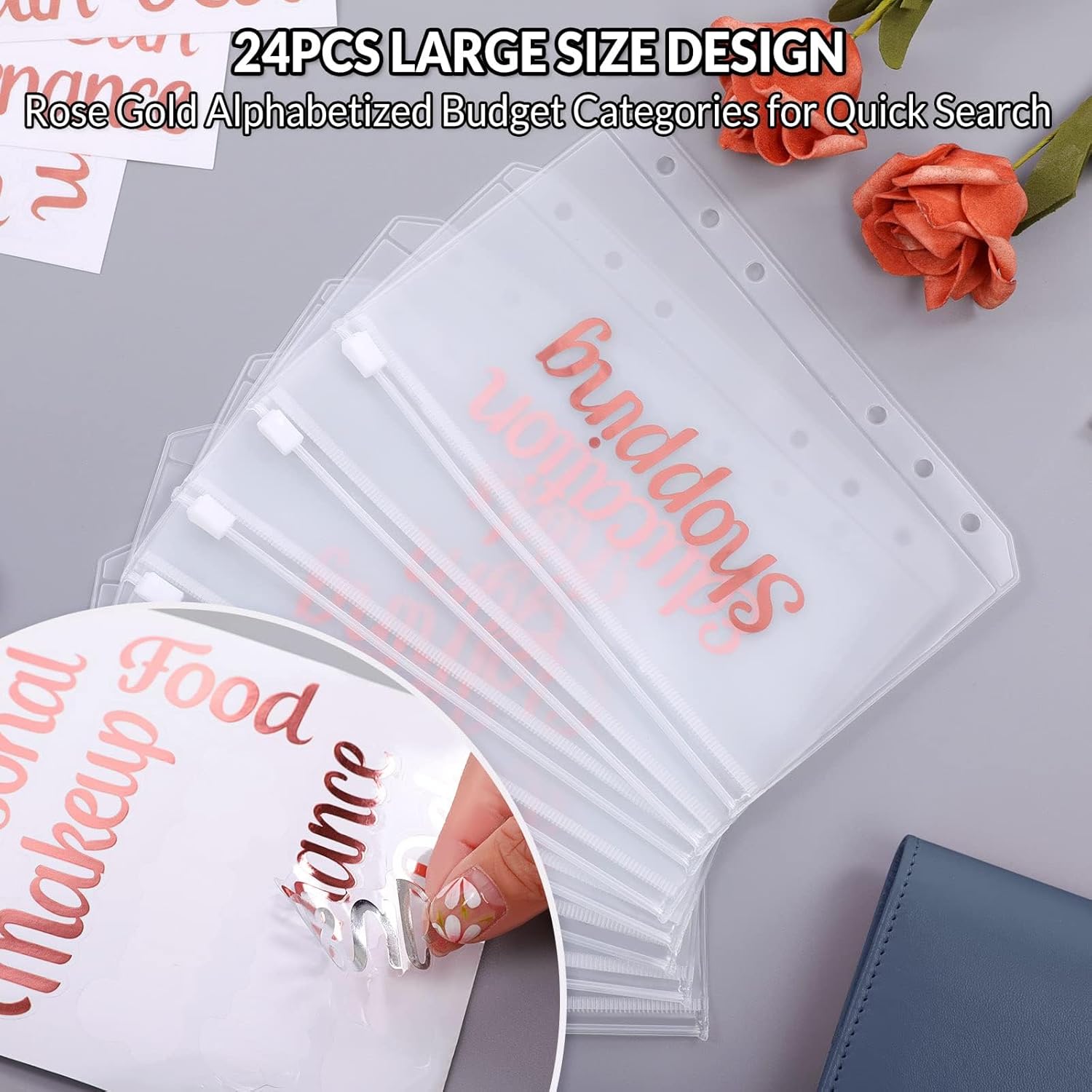SKYDUE Budget Binder with 8pcs Zipper Envelopes,Money Organizer for Cash with 12pcs Expense Sheets & 24 Rose Gold Sticky Labels