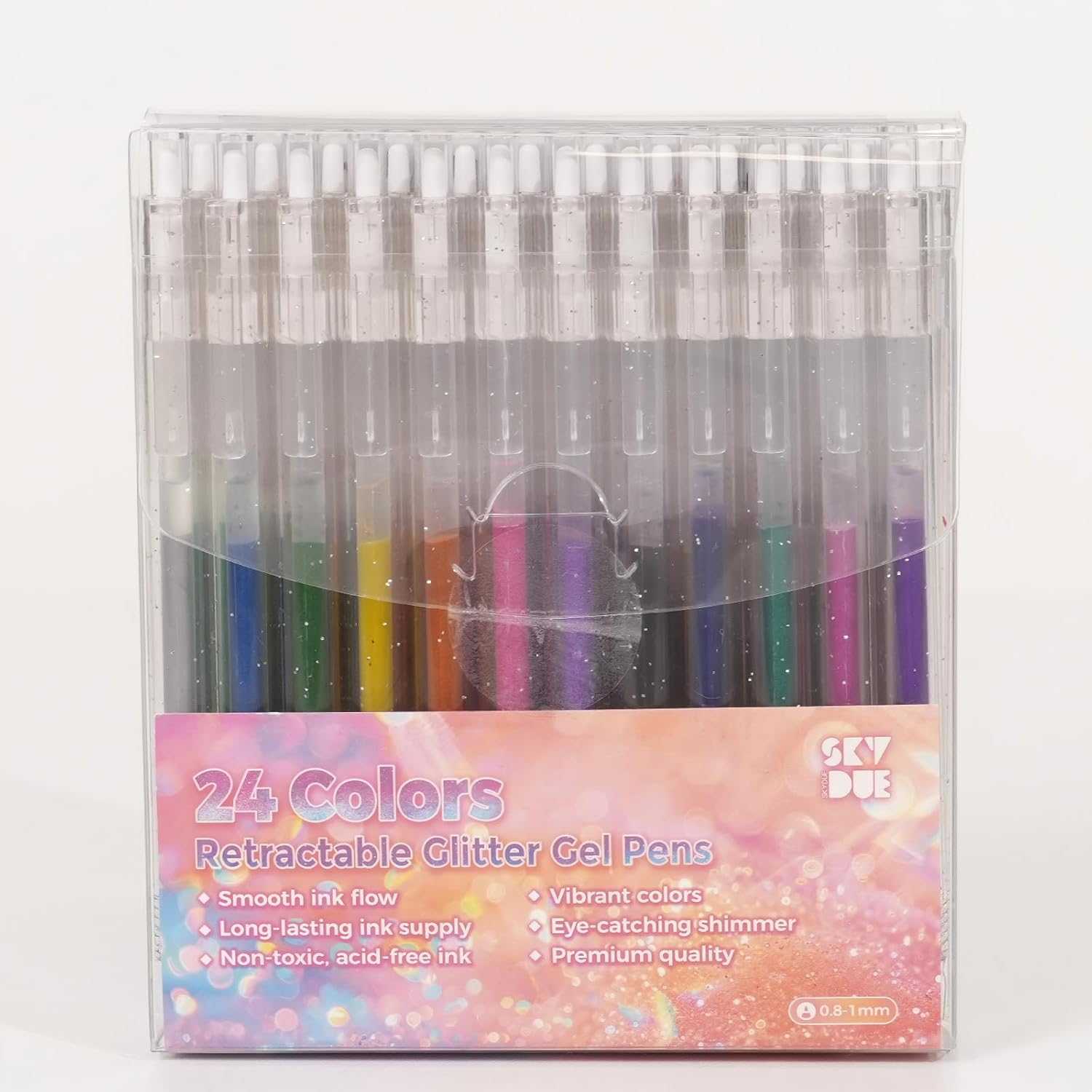SKYDUE Glitter Gel Pens, 24 Colors Retractable Sparkle Glitter Pens for Coloring Books, Journaling, Drawing, Scrapbooking & DIY Crafts – Smooth Writing & Non-Toxic Art Pens