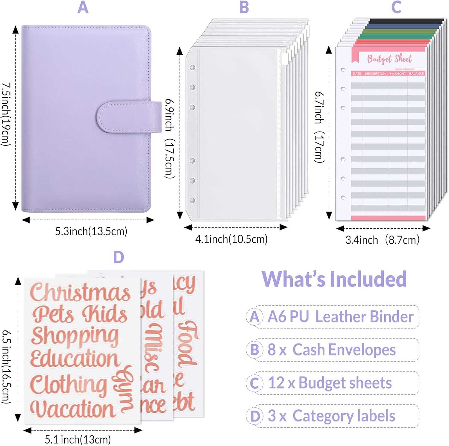 SKYDUE Buckle Budget Binder with Zipper Envelopes and 12 Pcs Budget Stickers Set
