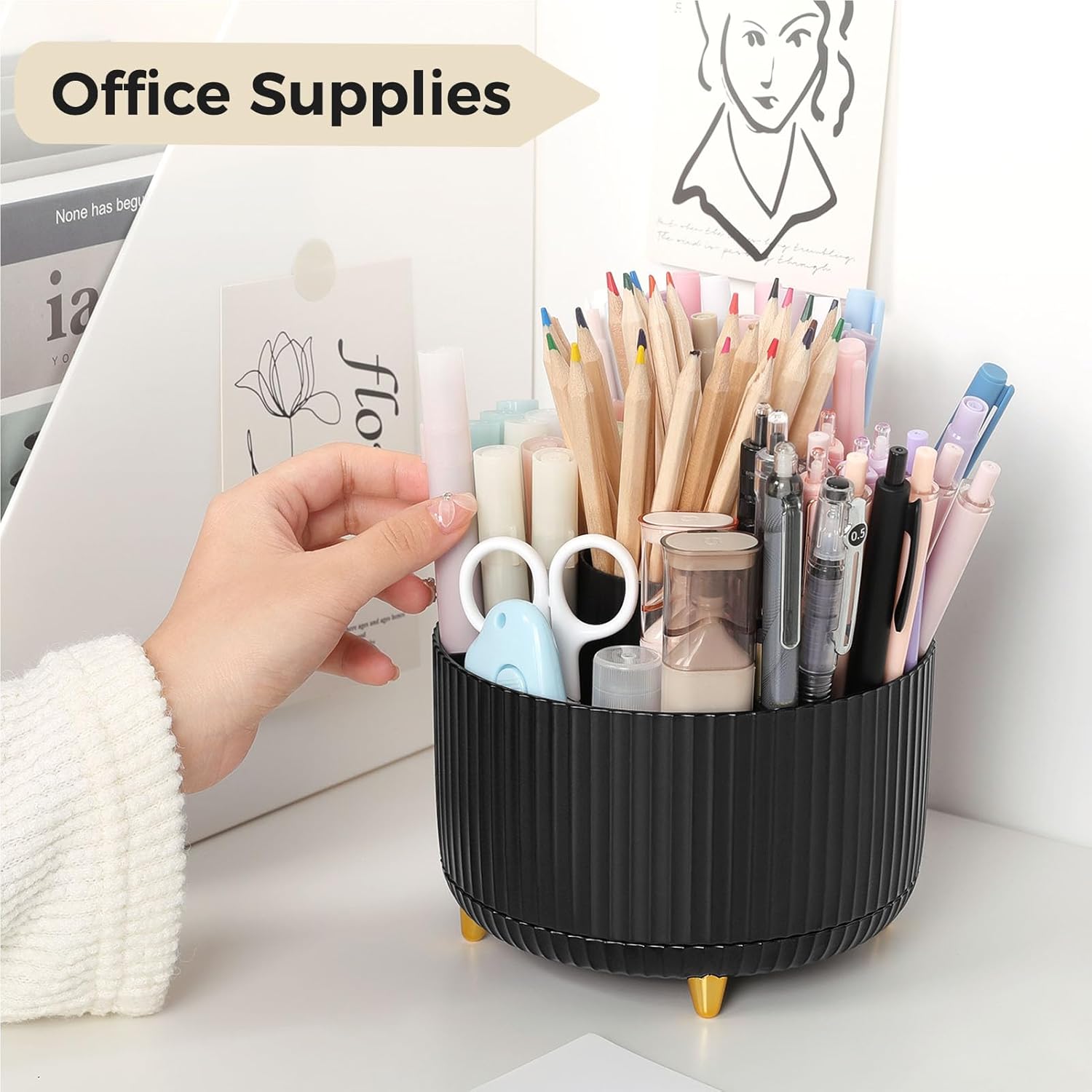 SKYDUE 360 Rotating Plastic Desk Pen Organizer with 5 Slots, Dual-Purpose Art Supply Pencil Cup for Office, School, Home