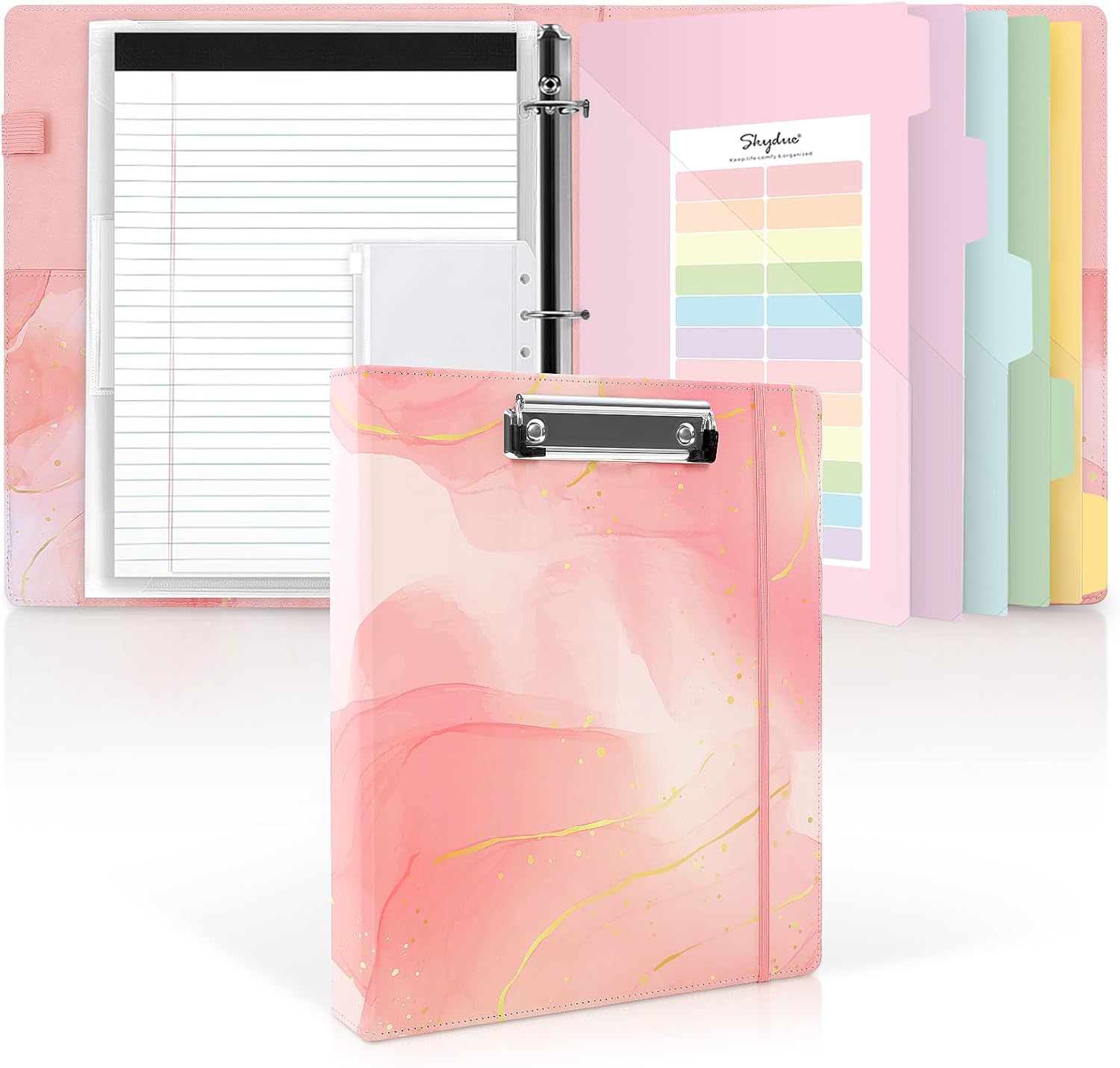 SKYDUE 1 Inch 3-Ring Binder with Clipboard, PU Aesthetic Binder with 5 Dividers, Notepad, Stickers & Pockets for Work and School (Letter Size)
