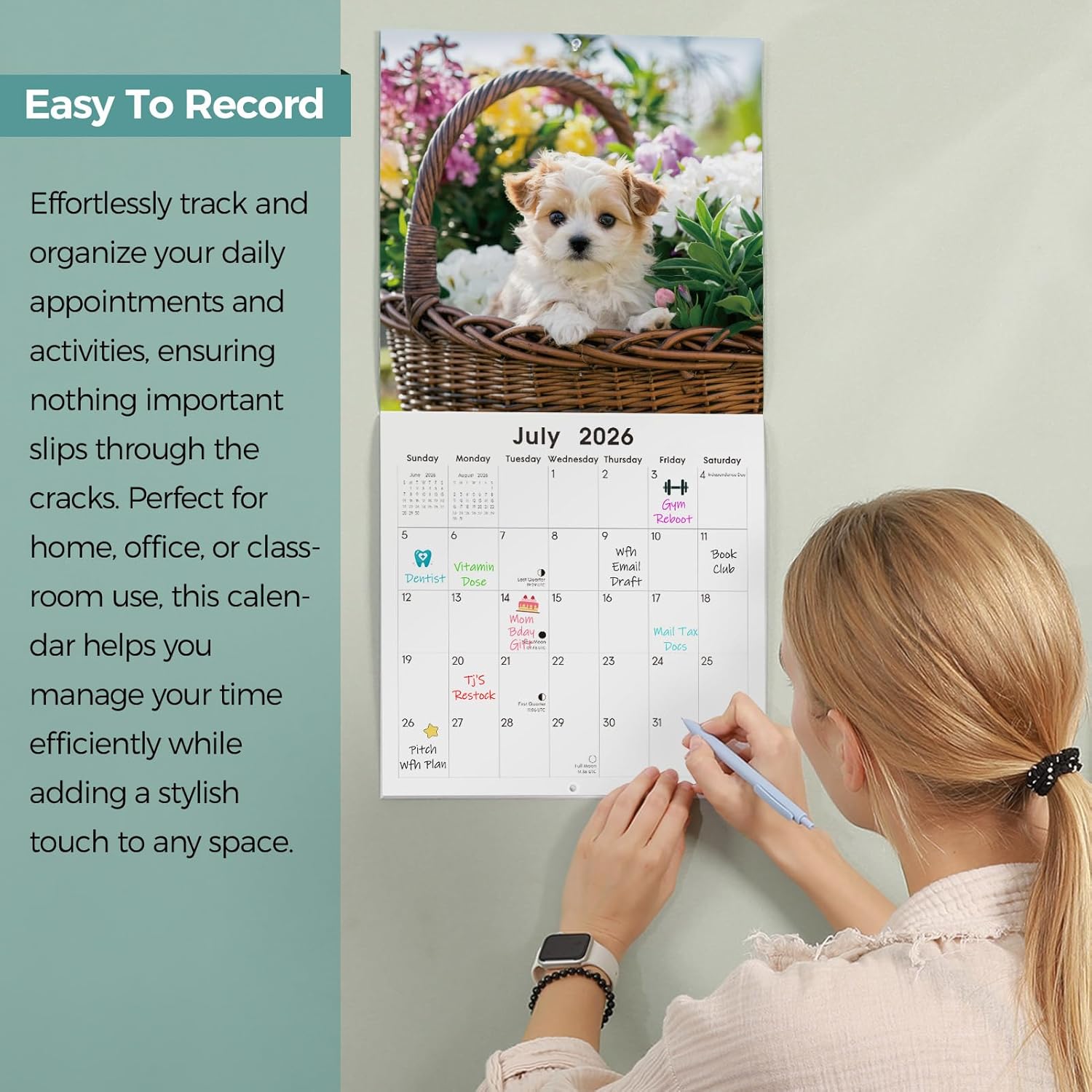 SKYDUE 2026 Wall Calendar 12"x24" Opened, 18-Month Puppy Dog Calendar from January 2026 to June 2027 with Stickers, Thick Paper Monthly Calendar for Home Office Organizing & Planning