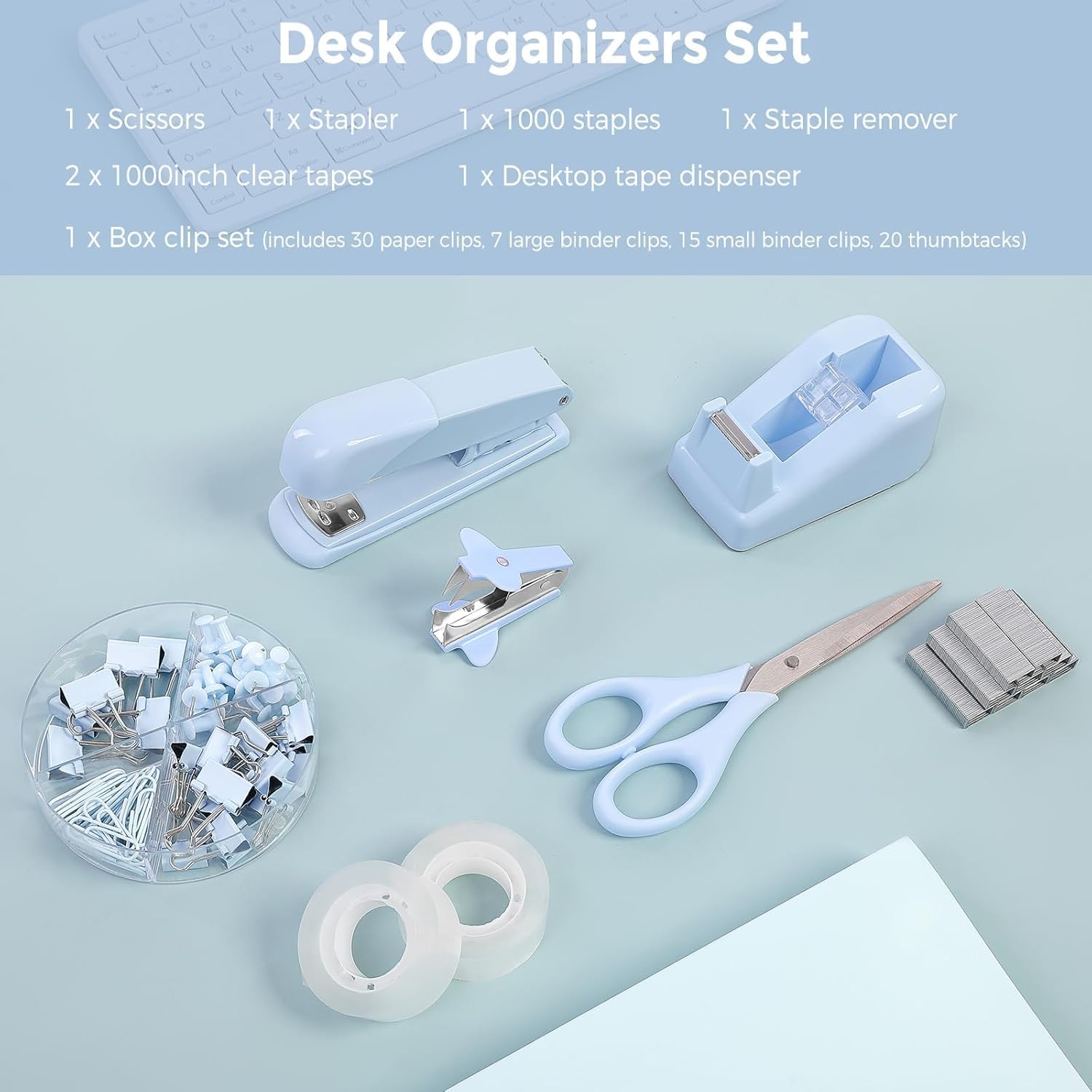 SKYDUE Pink Office Desk Accessories, Pink Office Supplies, Stapler, Tape Dispenser, Scissors, Clips and 1000pcs Staples,Office Supplies for Desk for Women
