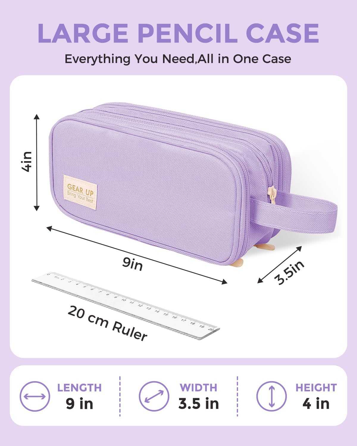 SKYDUE Large Capacity Pencil Case with 3 Compartments, Canvas Stationery Bag with Handle for Students Adults, Aesthetic Pen Holder Organizer for Office School Supplies, Purple