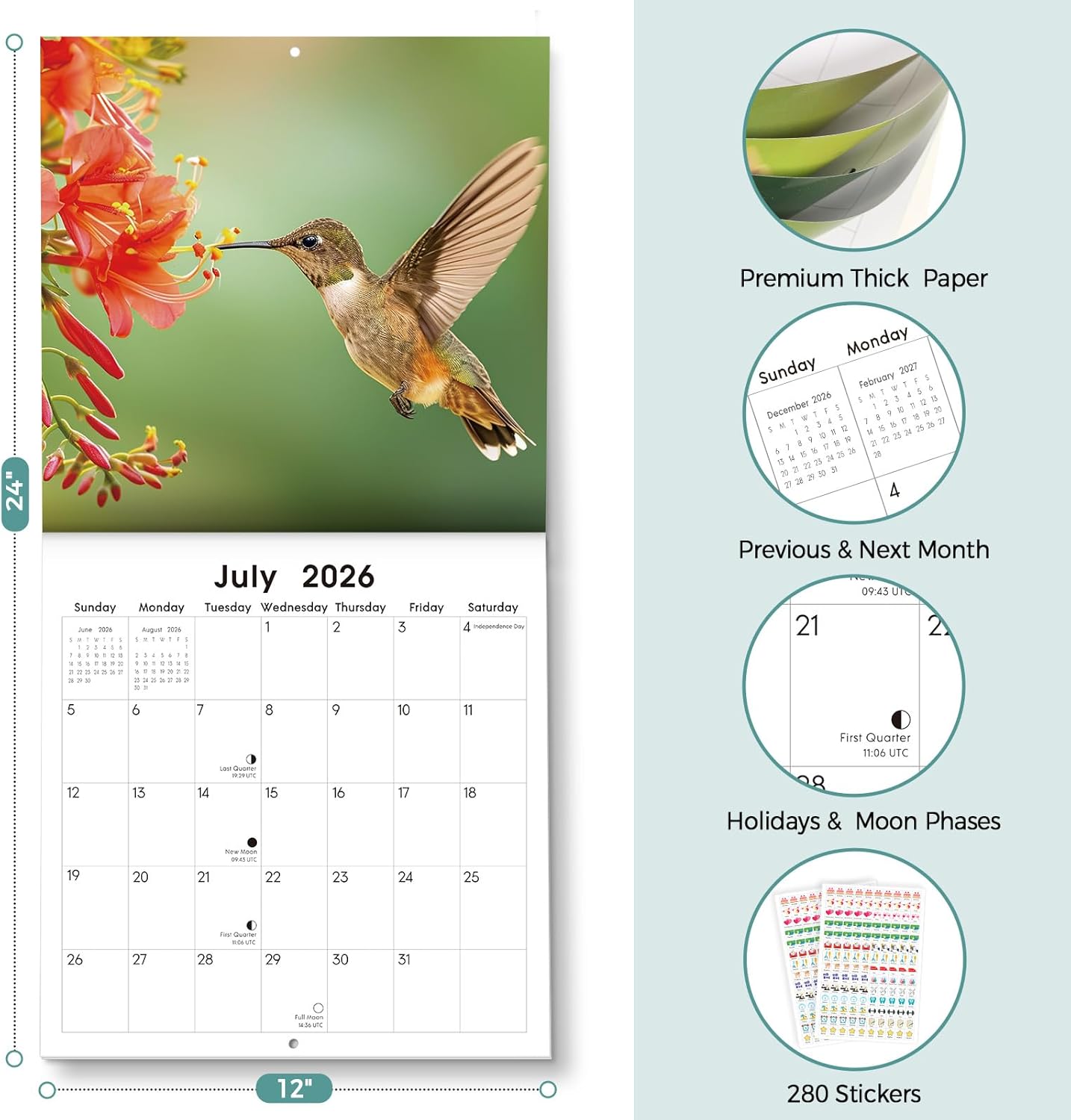 SKYDUE 2026 Wall Calendar 12"x24" Opened, 18-Month Puppy Dog Calendar from January 2026 to June 2027 with Stickers, Thick Paper Monthly Calendar for Home Office Organizing & Planning