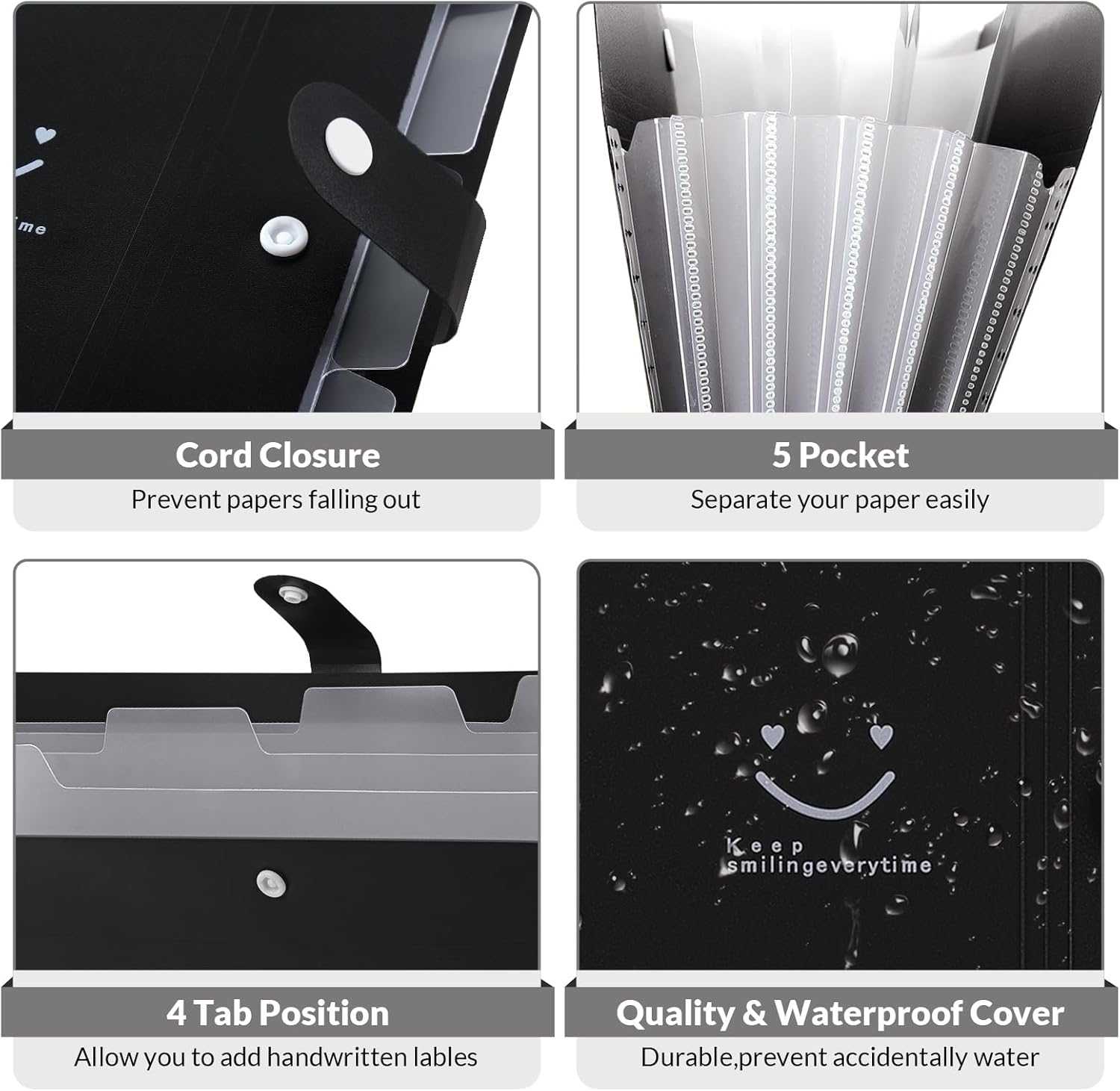 SKYDUE File Folder, 5 Pockets Accordion Paper Organizer for School and Office, Letter Size，Black