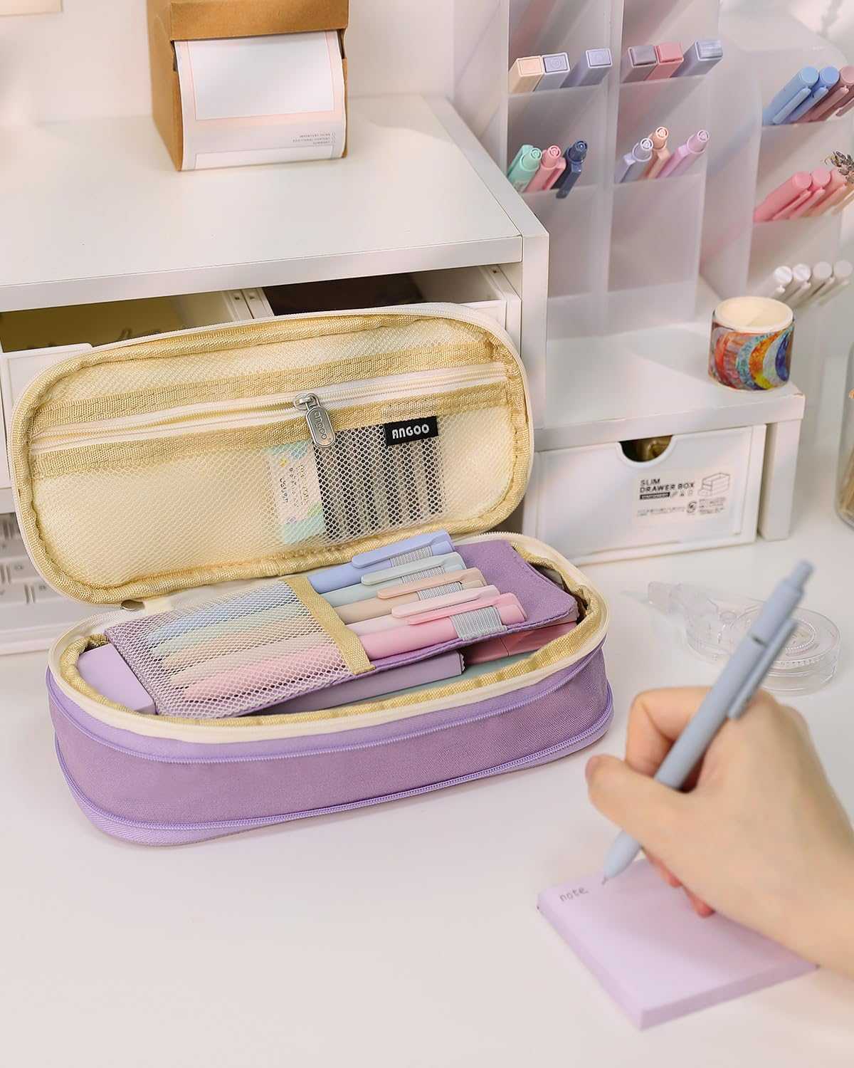 SKYDUE Cute School Supplies 44 PCS, Aesthetic Pencil Case with 12 Pastel Highlighters, 5 Black Gel Pens, 6 Color Gel Pens & Mechanical Pencils, College Essentials Students Stationary Set Pink
