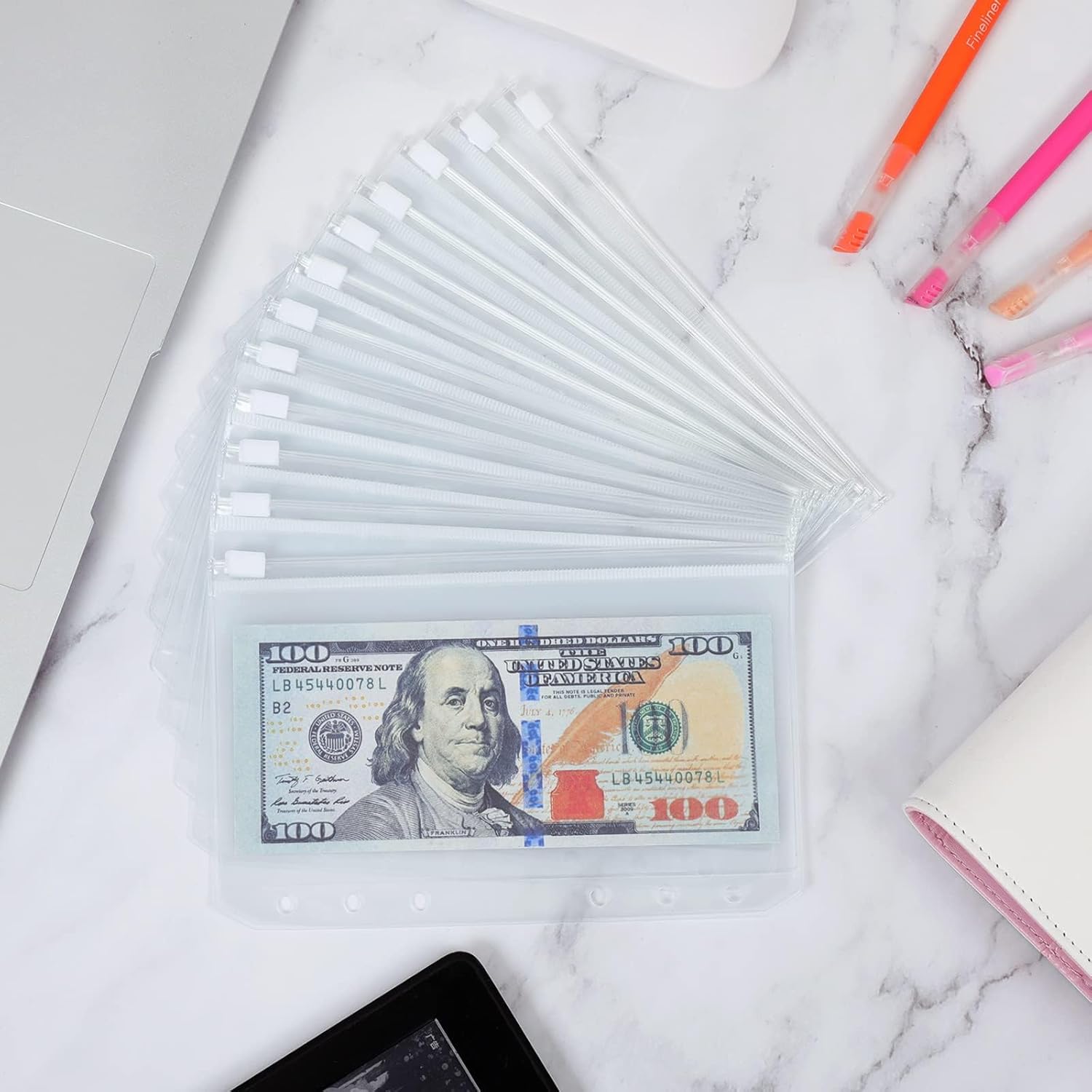 SKYDUE 12PCS Binder Pockets，A6 Size 6 Holes Zipper Cash Envelopes for A6 6-Ring Notebook Binder for School Home Office