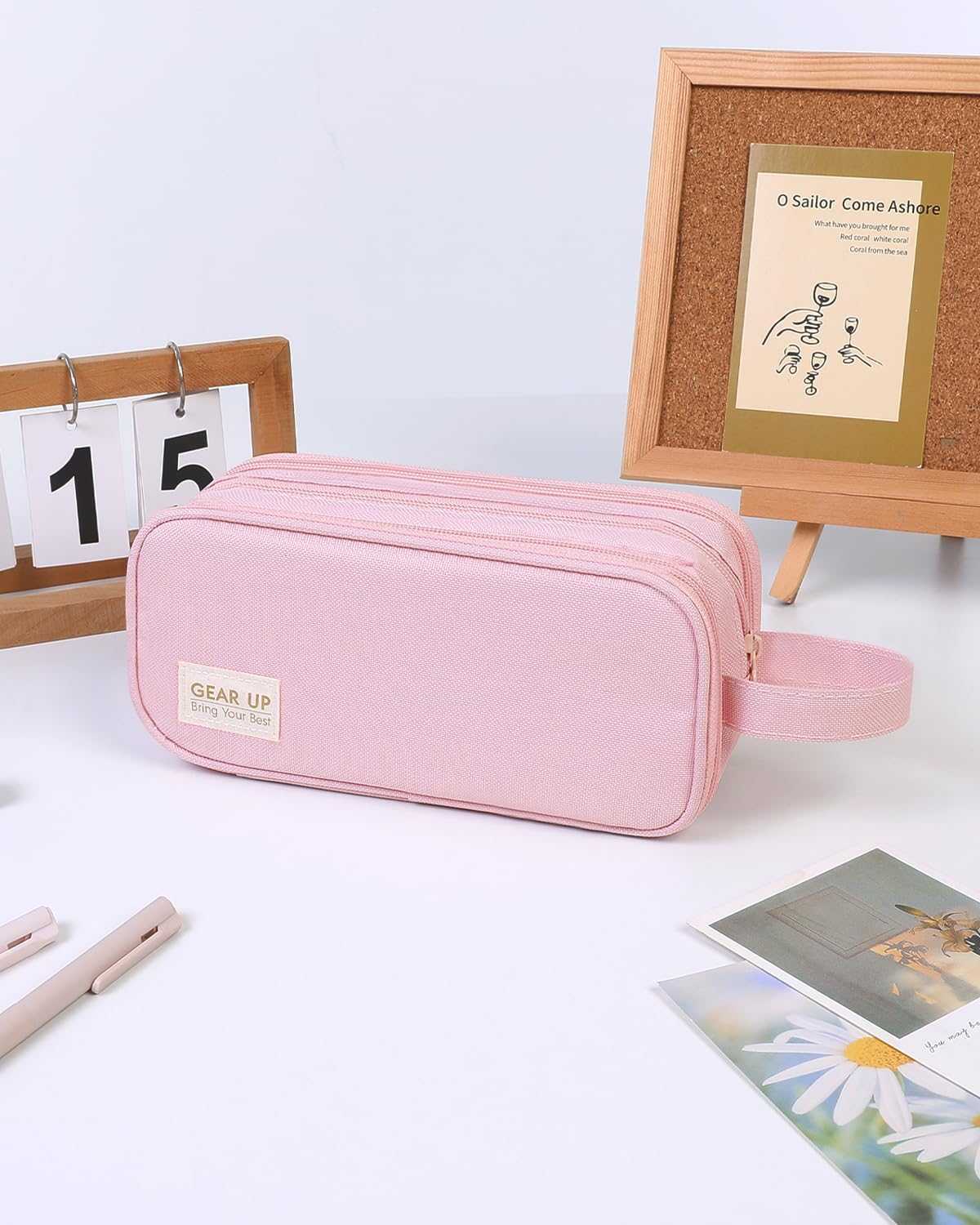 SKYDUE Large Capacity Pencil Case with 3 Compartments, Canvas Stationery Bag with Handle for Students Adults, Aesthetic Pen Holder Organizer for Office School Supplies, Purple