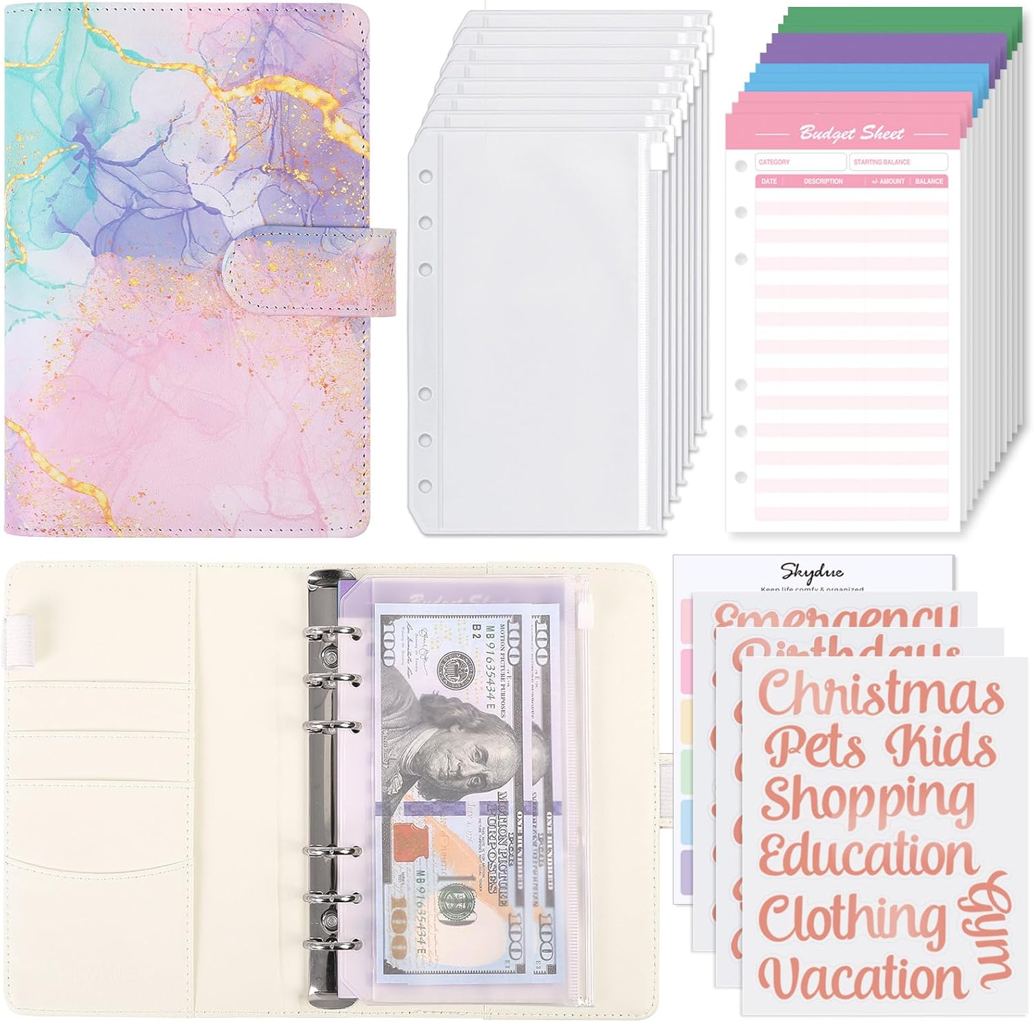 SKYDUE Budget Binder with 8pcs Zipper Envelopes,Money Organizer for Cash with 12pcs Expense Sheets & 24 Rose Gold Sticky Labels