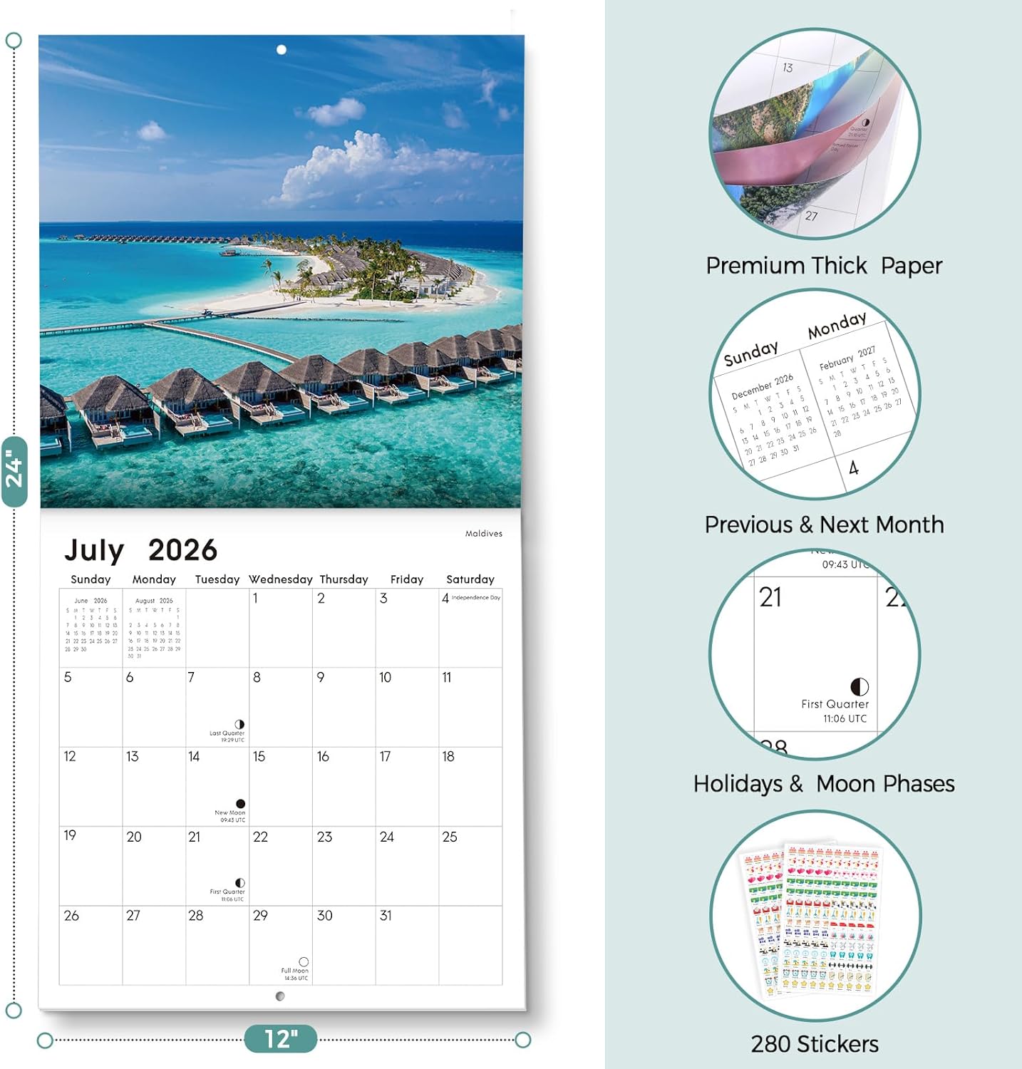 SKYDUE 2026 Wall Calendar 12"x24" Opened, 18-Month Puppy Dog Calendar from January 2026 to June 2027 with Stickers, Thick Paper Monthly Calendar for Home Office Organizing & Planning