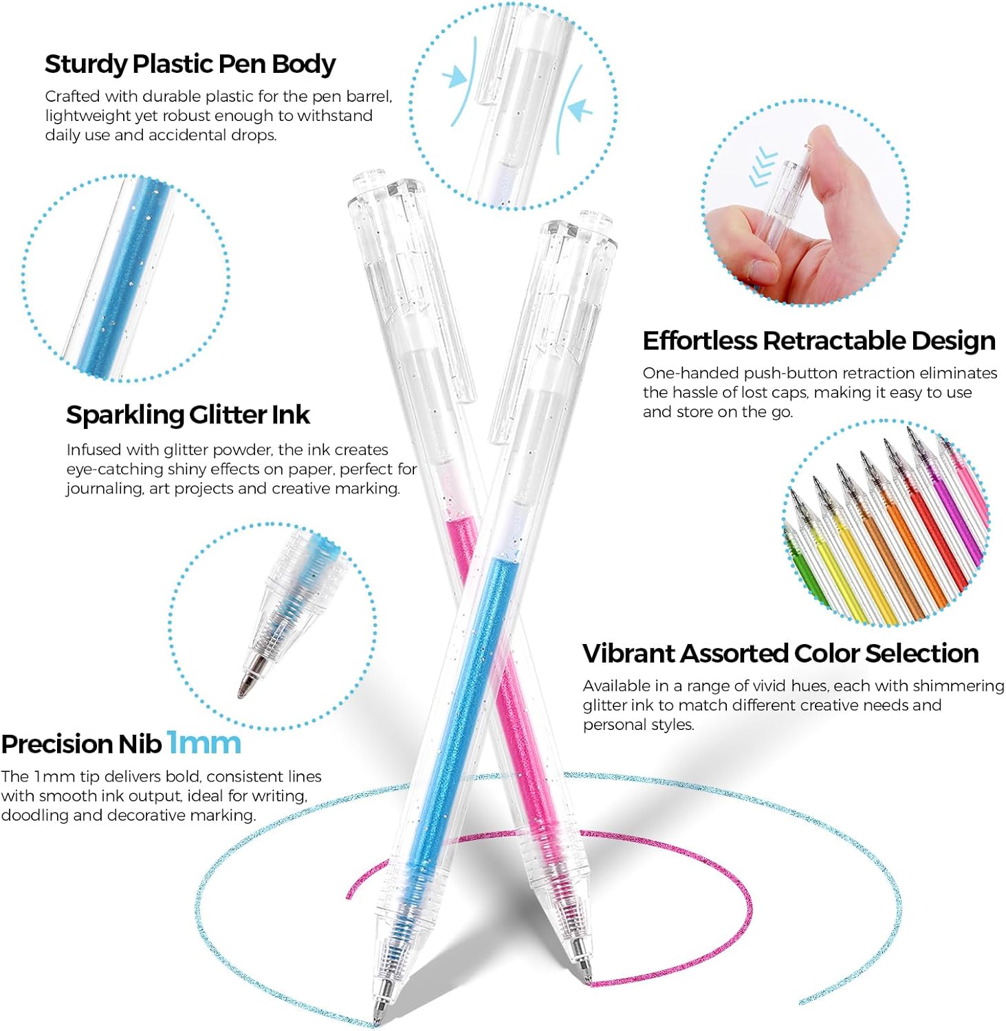 SKYDUE Glitter Gel Pens Set, 18 Colors Retractable Sparkle Glitter Pens for Coloring Books, Drawing, Journaling, Scrapbooking & DIY Crafts – Smooth Writing & Non-Toxic Art Pens